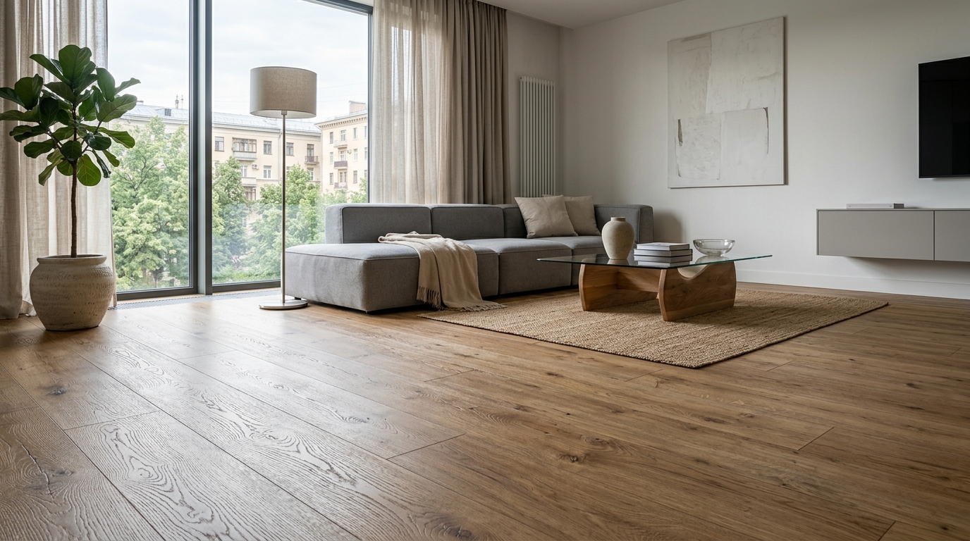 Просторная гостиная с широкой длинной доской ламината Kaindl Natural Touch с выраженной синхронной текстурой
