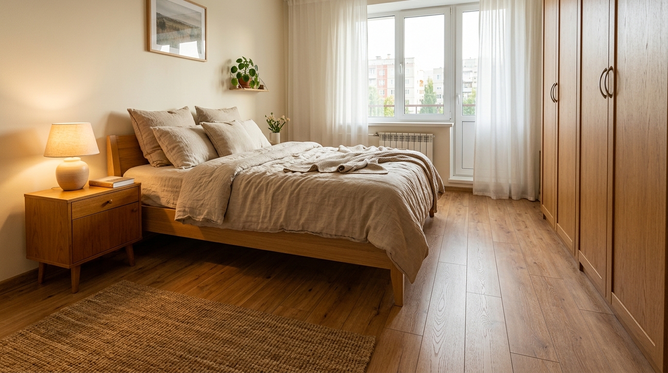 Спальня с тёплым медовым дубовым ламинатом Kastamonu Floorpan