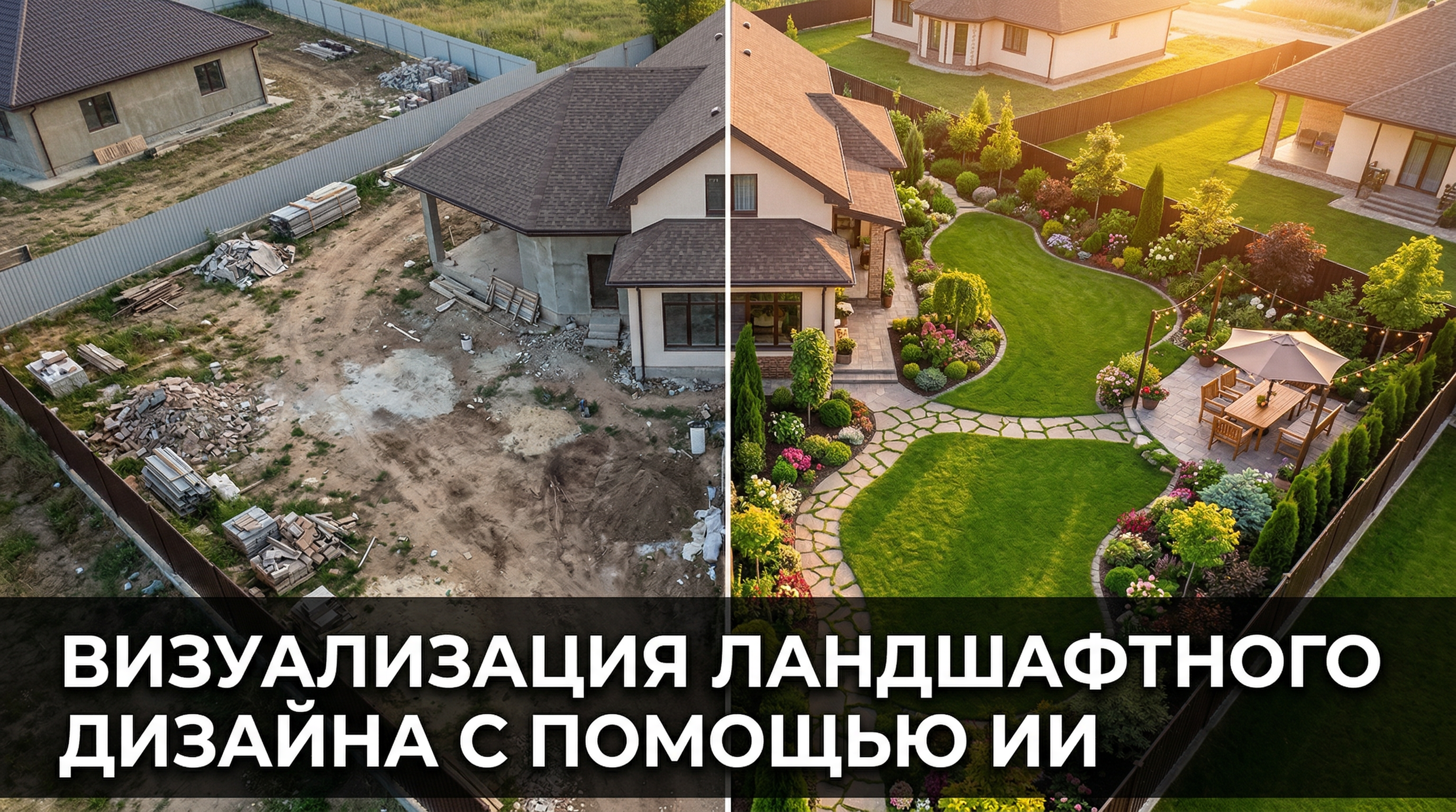 Визуализация ландшафтного дизайна с помощью ИИ — до и после преображения участка