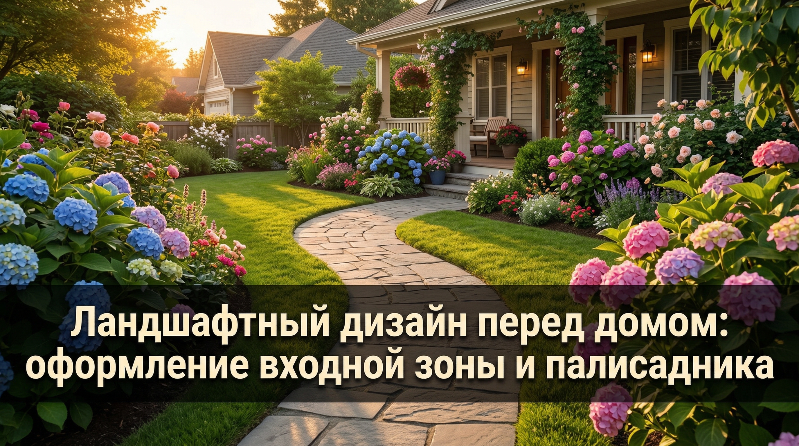 Ландшафтный дизайн перед домом — оформление входной зоны и палисадника с цветниками и дорожкой