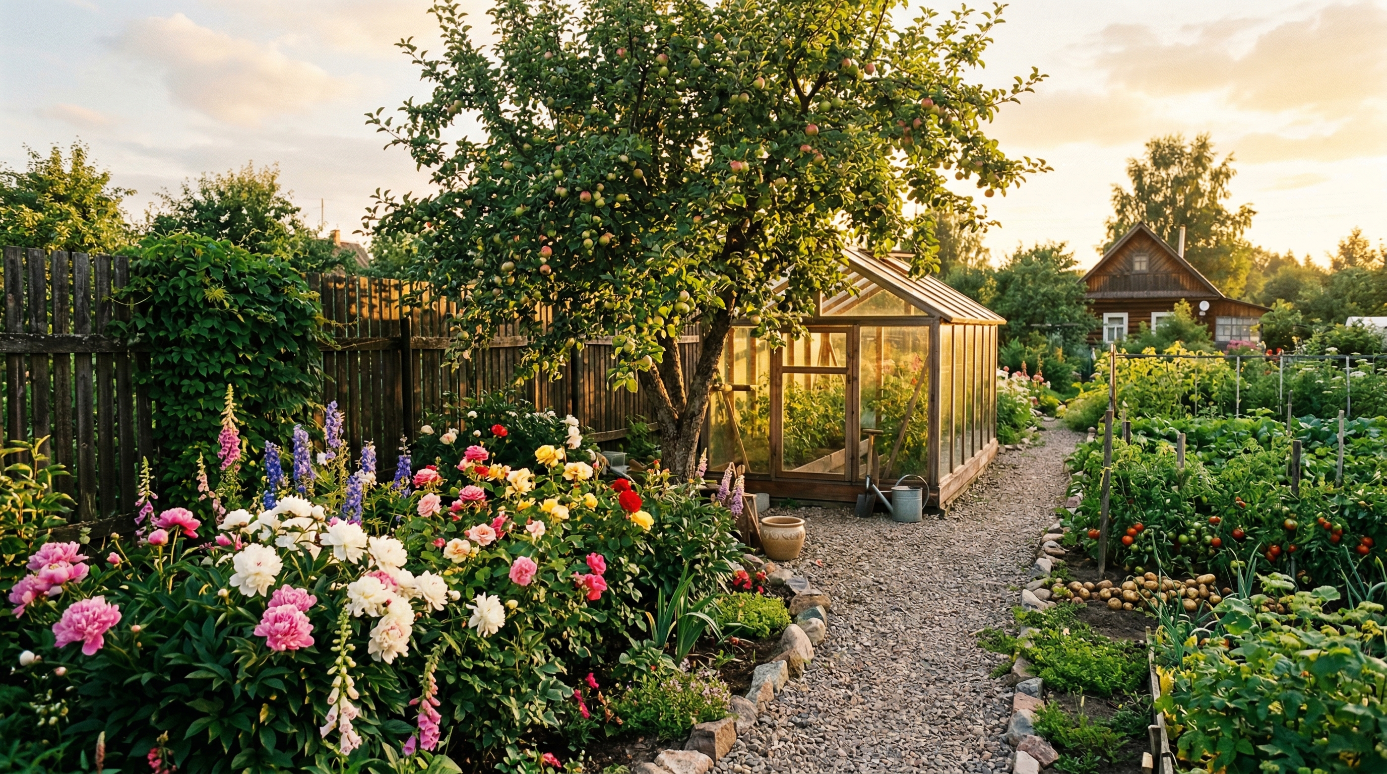 Уютный дачный сад с яблоней, теплицей, клумбами и гравийной дорожкой в золотой час