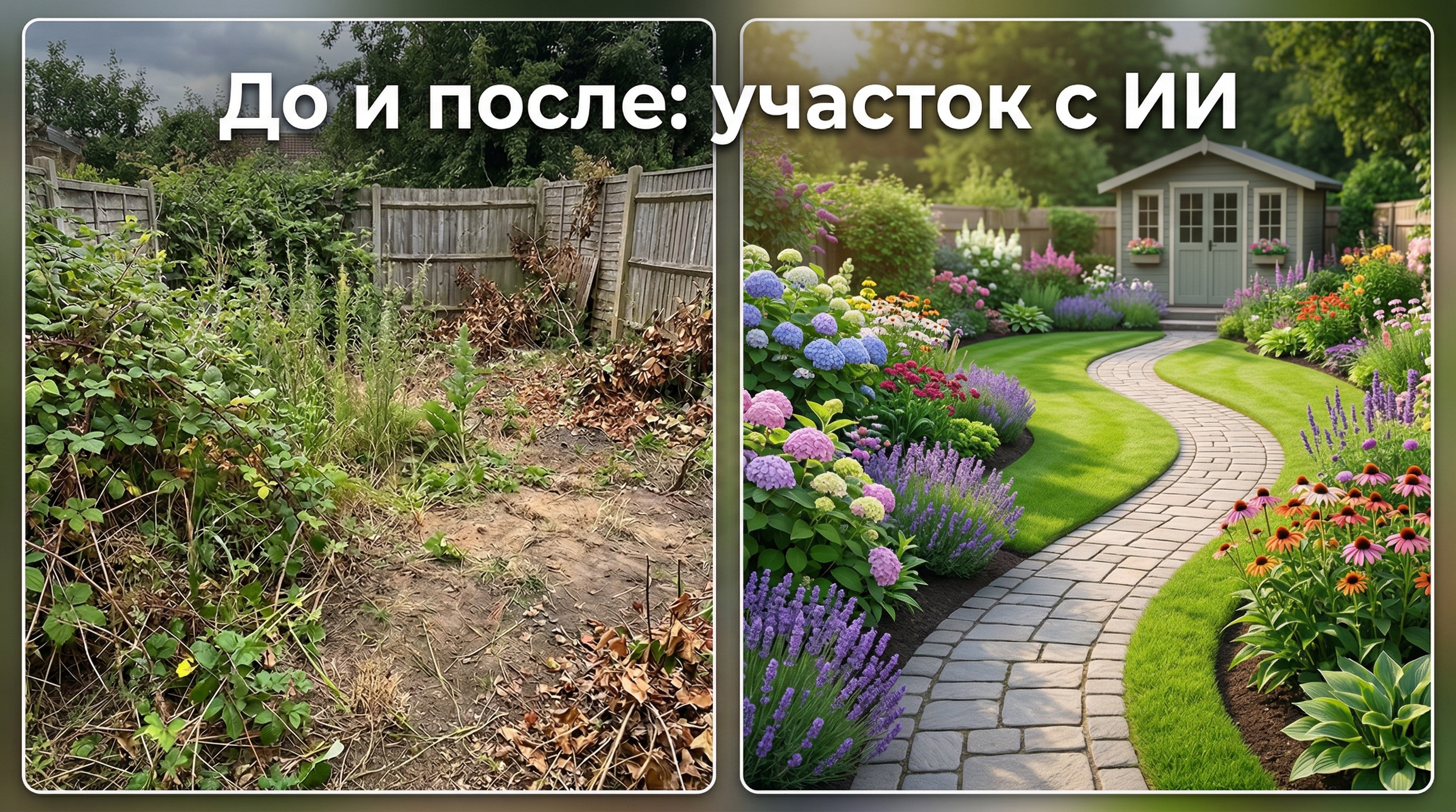 До и после: участок с ИИ — нейросеть преобразует запущенный двор в ухоженный сад