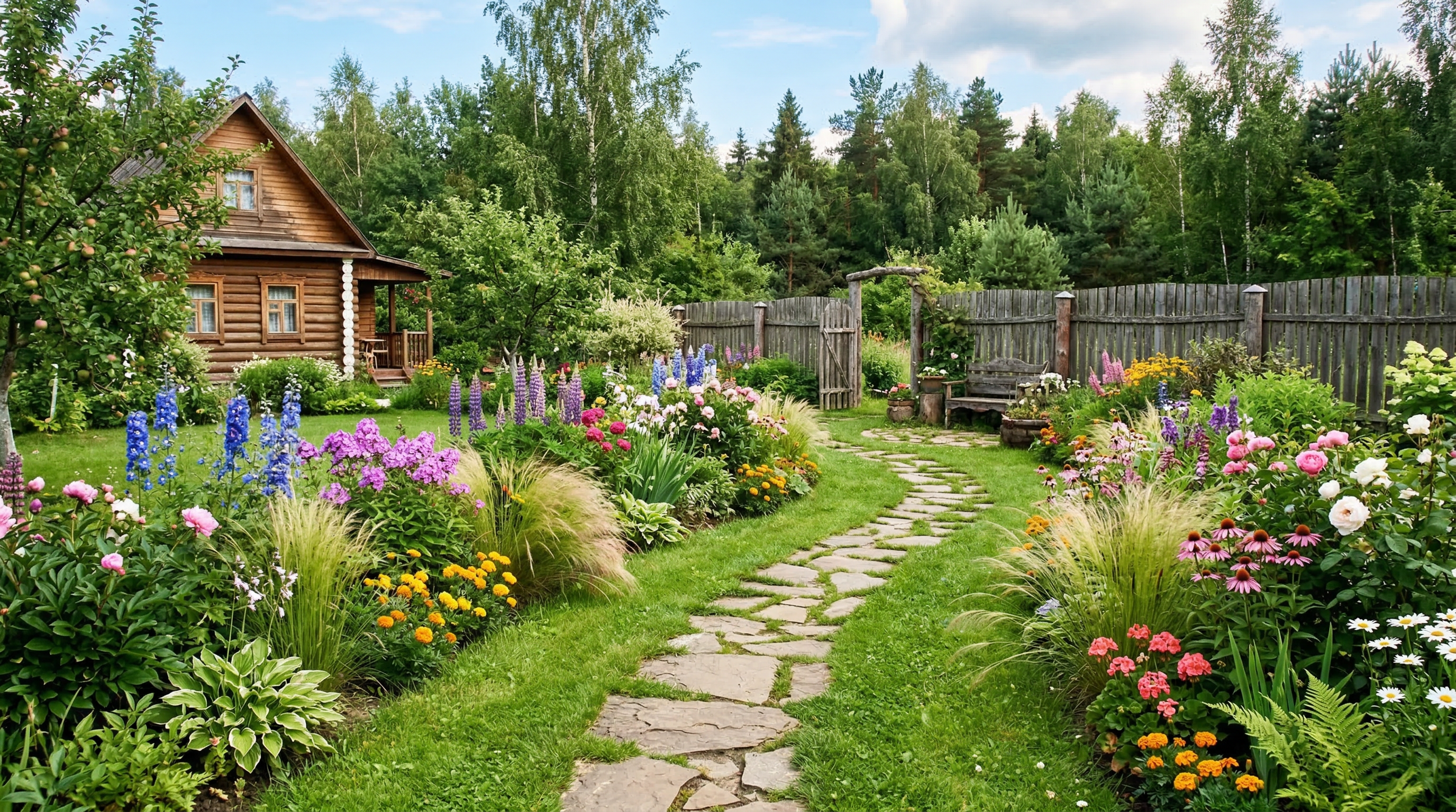Садовые дорожки из натурального камня с цветочными бордюрами на дачном участке