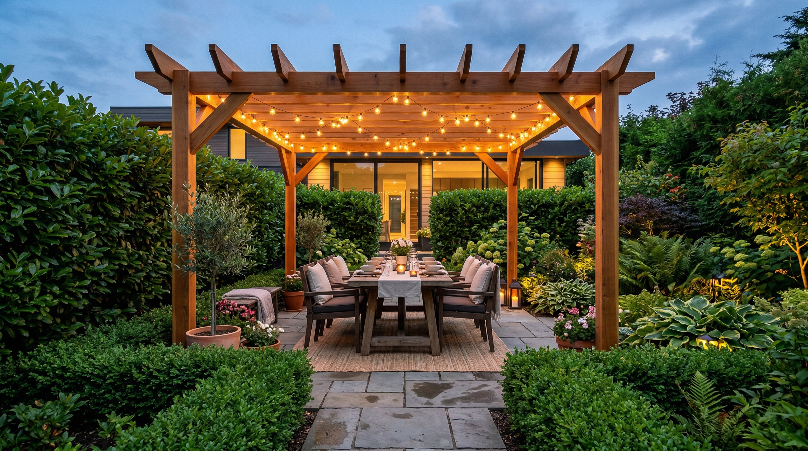 Уютный двор частного дома с деревянной перголой, гирляндами, обеденной зоной и живой изгородью