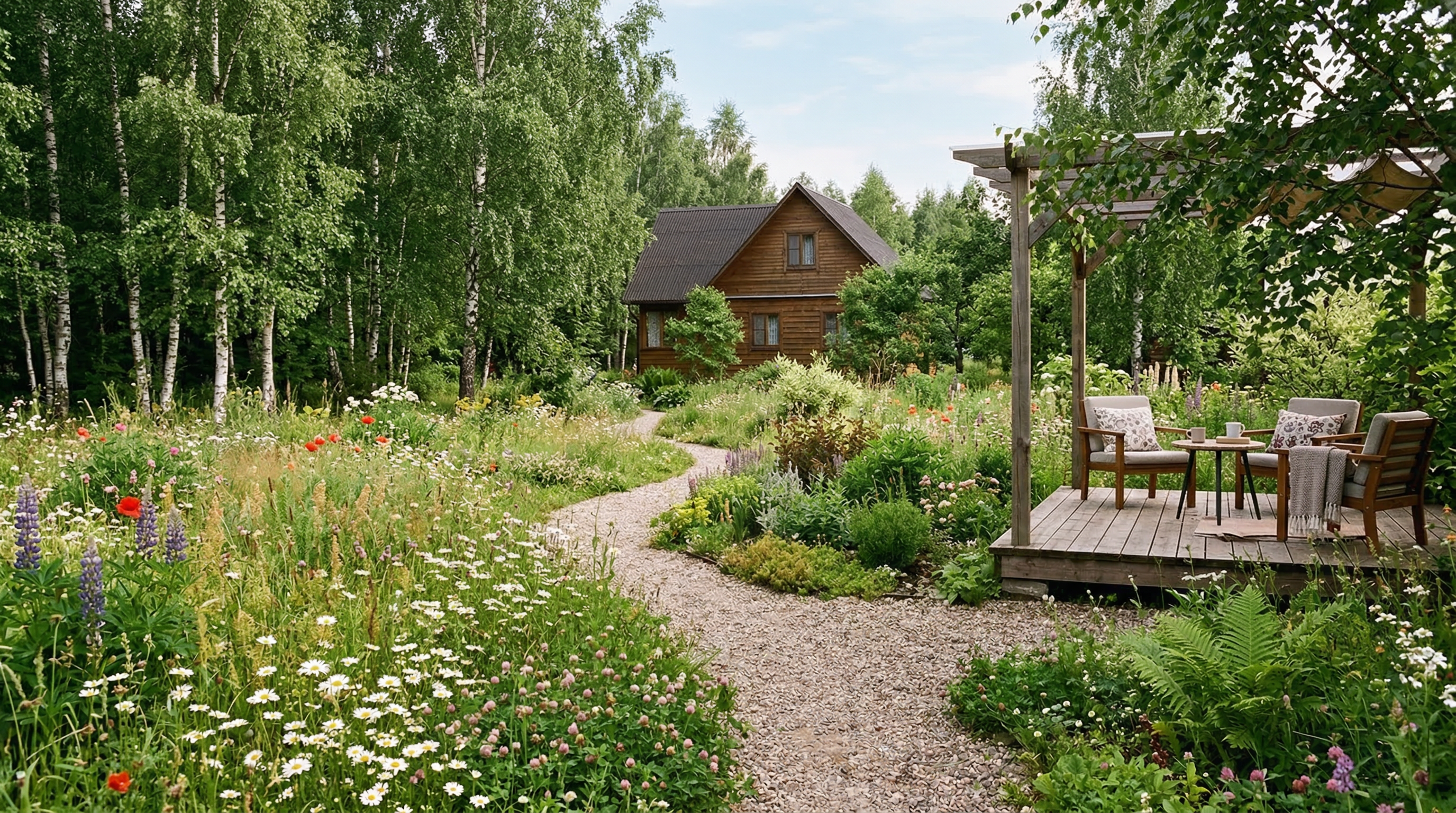 Природный стиль ландшафтного дизайна — извилистые дорожки, полевые цветы, берёзы