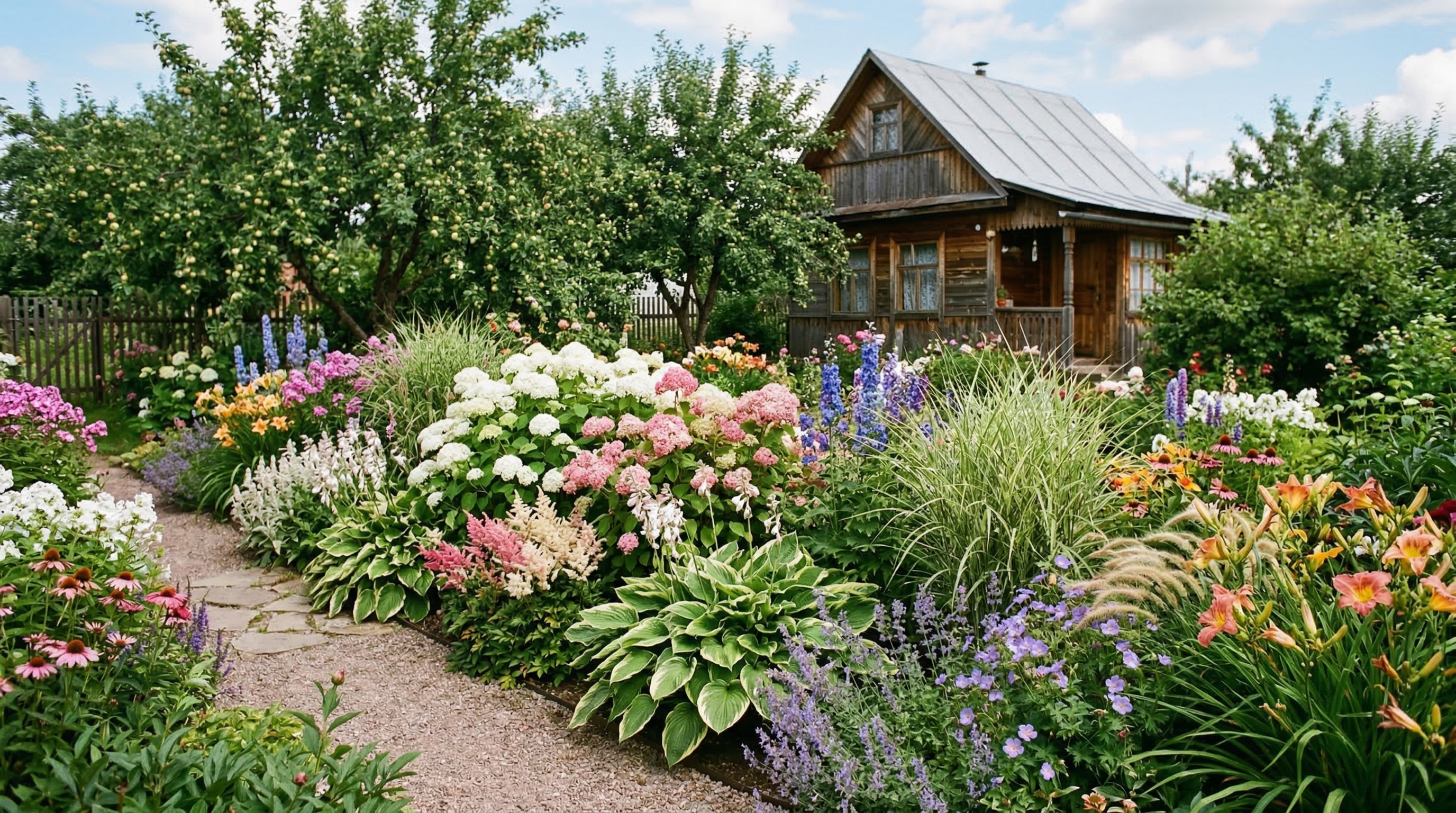 Цветущий миксбордер с гортензиями, хостами и декоративными травами на дачном участке
