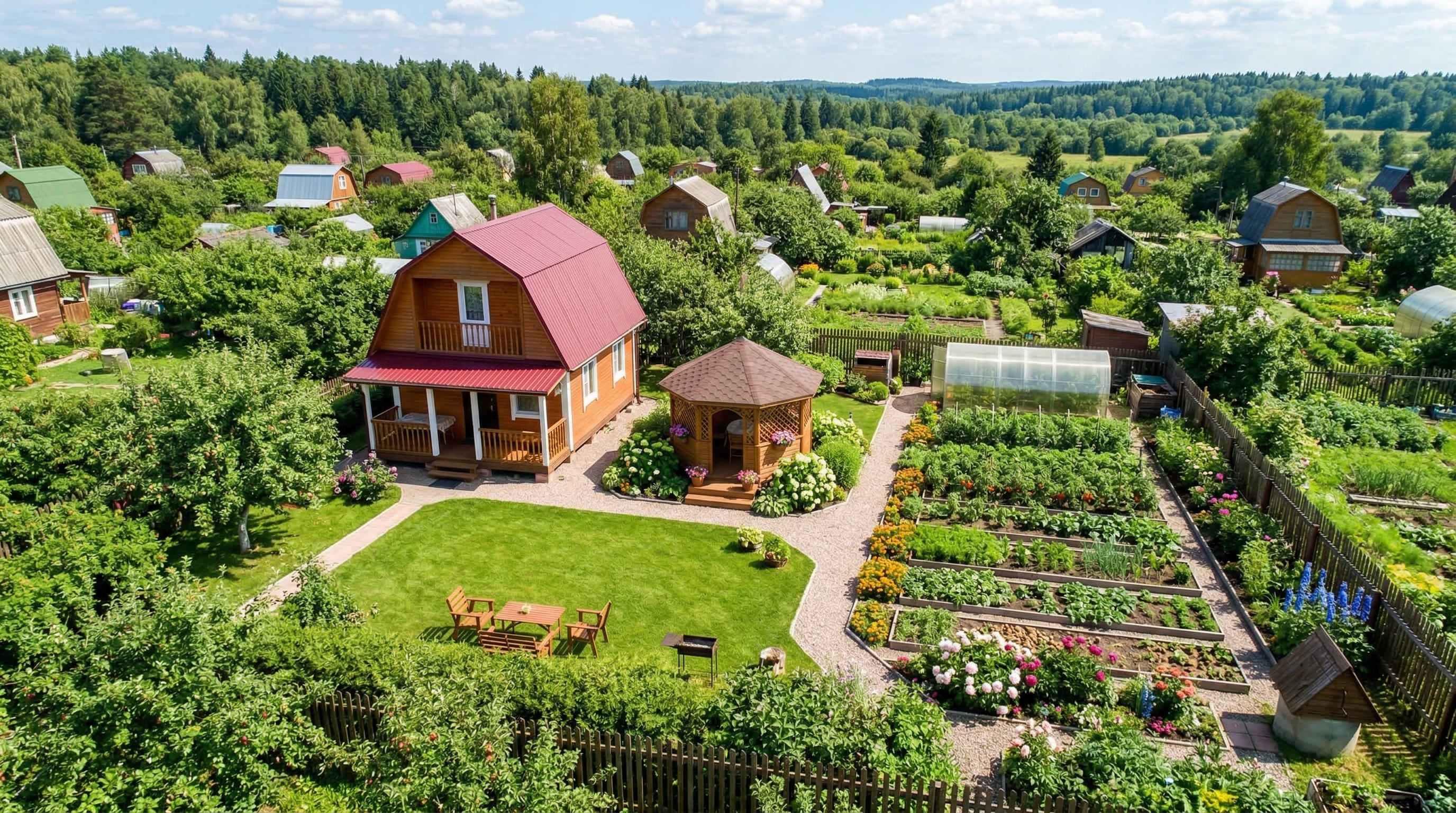 Планировка участка с высоты — зонирование дачного участка с домом, беседкой и садом