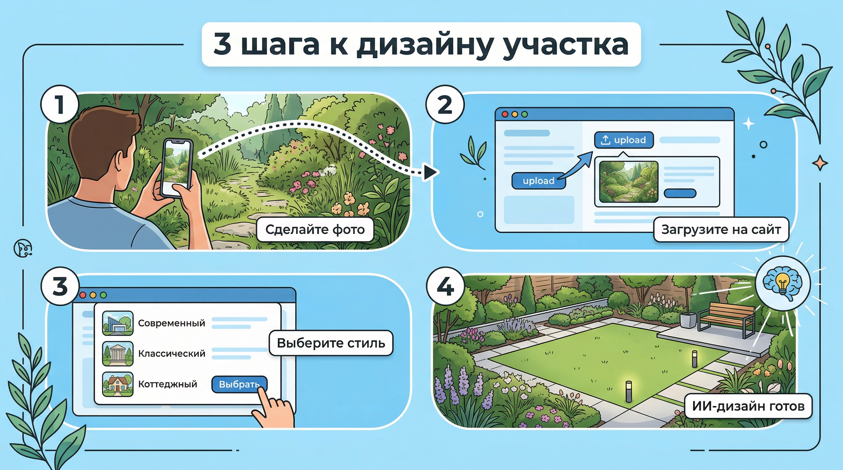 3 шага к дизайну участка — инфографика: фото, загрузка, выбор стиля, результат