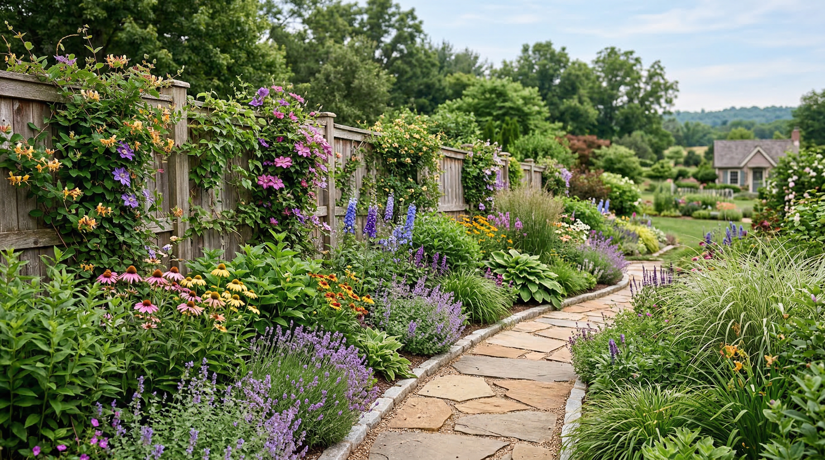 Ландшафтный дизайн вдоль забора: многолетники, вьющиеся растения, садовая дорожка