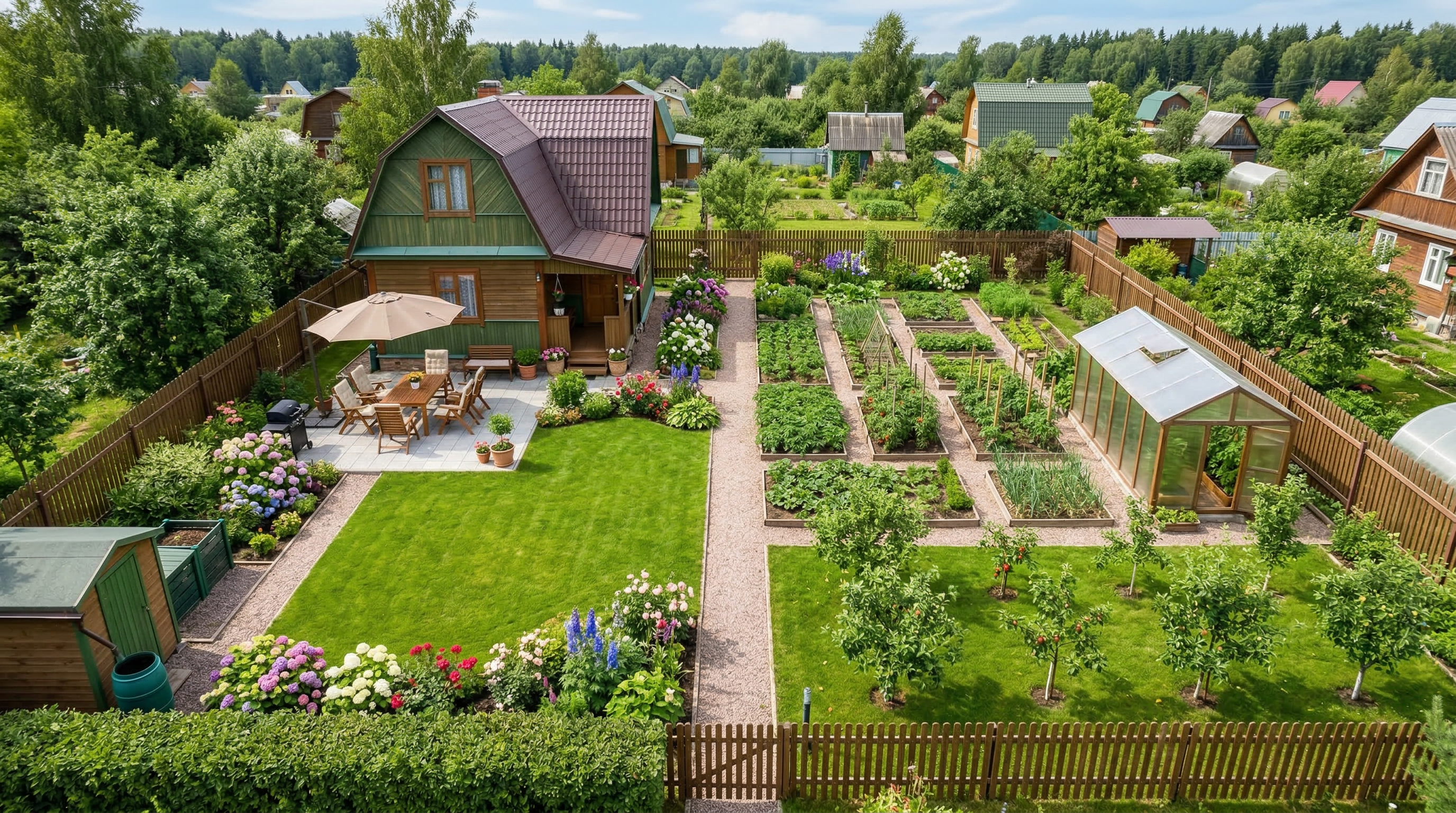 Зонирование дачного участка — вид сверху: зона отдыха, газон, клумбы, грядки
