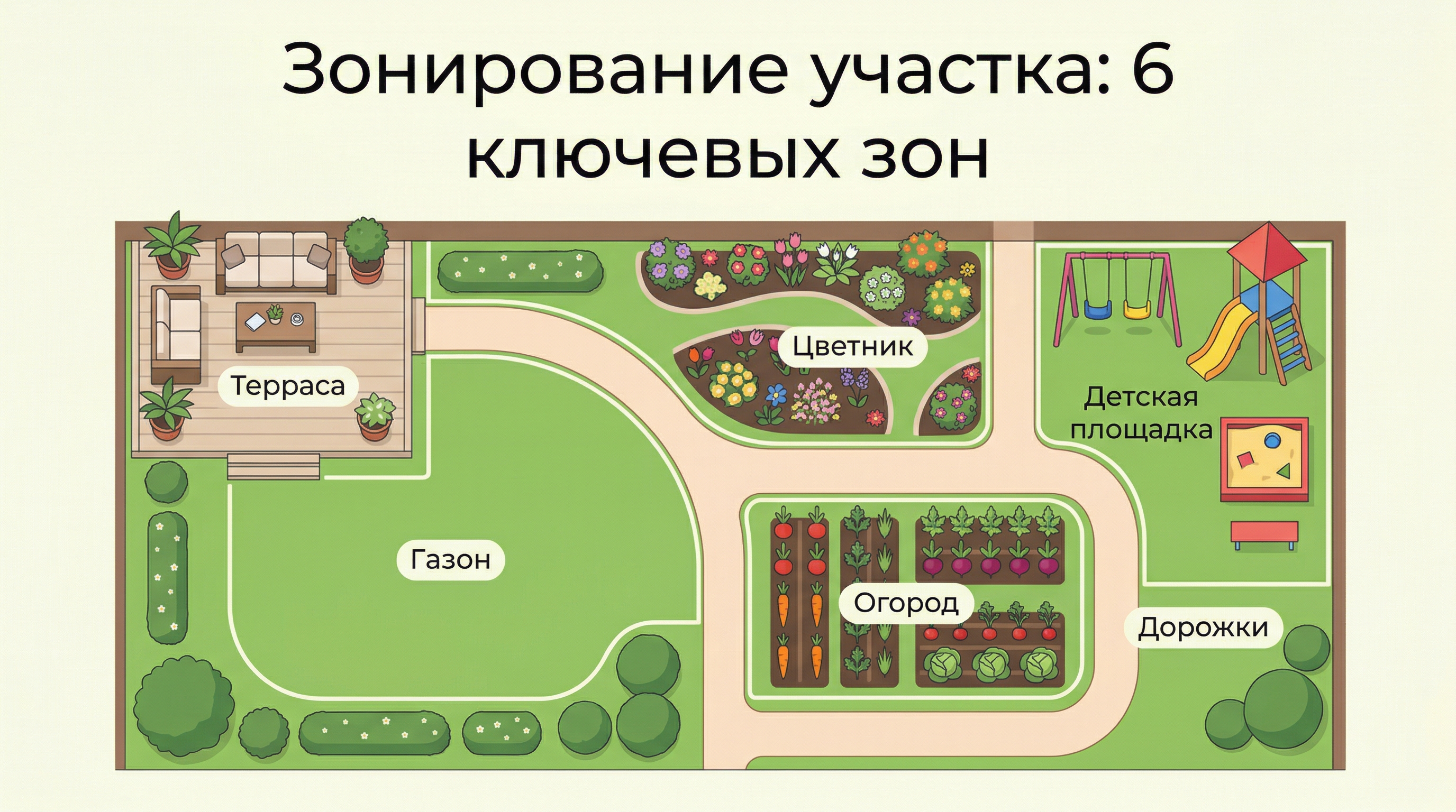 Схема зонирования дачного участка — терраса, газон, цветник, огород, детская площадка, дорожки