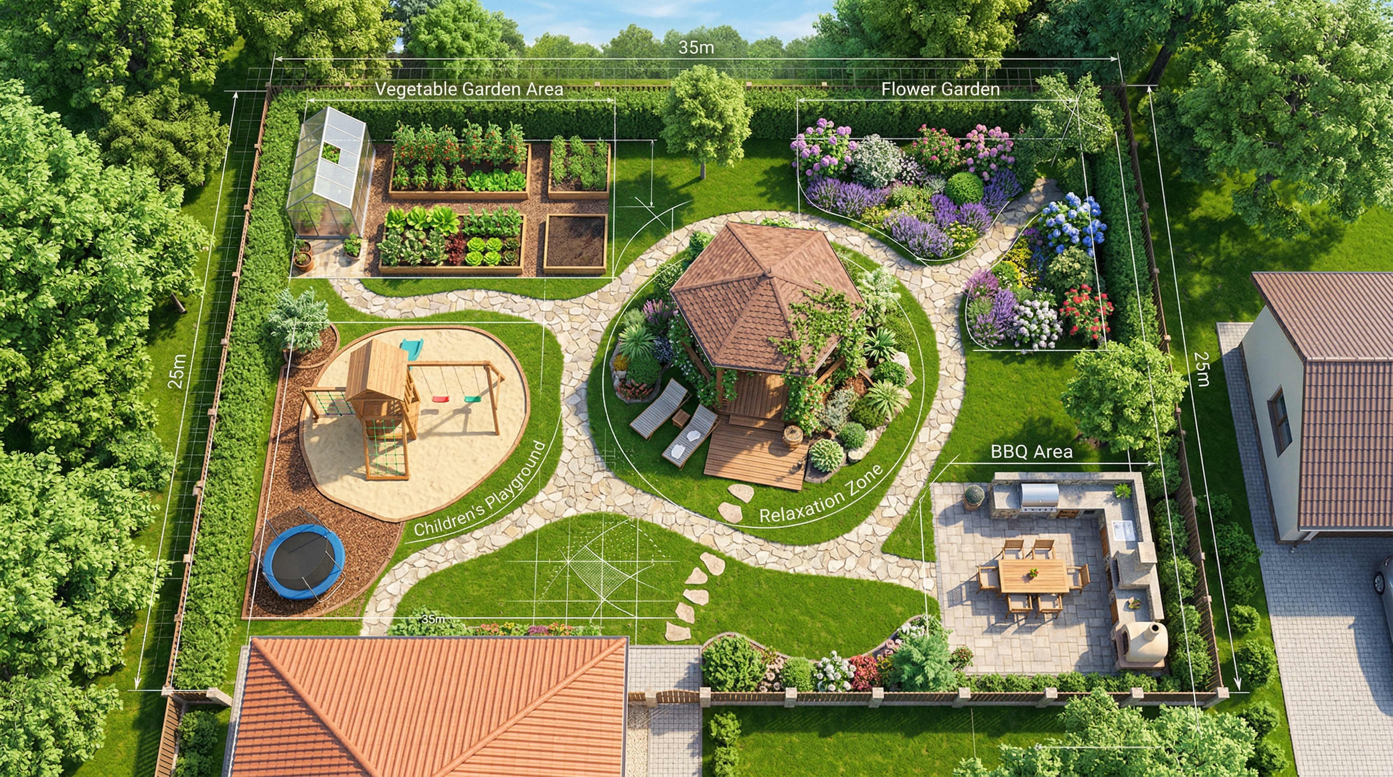 Вид сверху на участок с функциональными зонами: огород, зона отдыха, детская площадка, цветник, барбекю