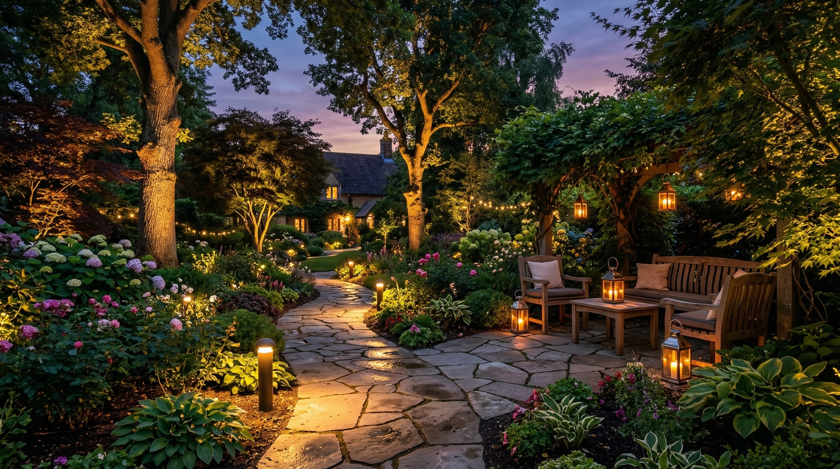 Ландшафтное освещение сада в сумерках