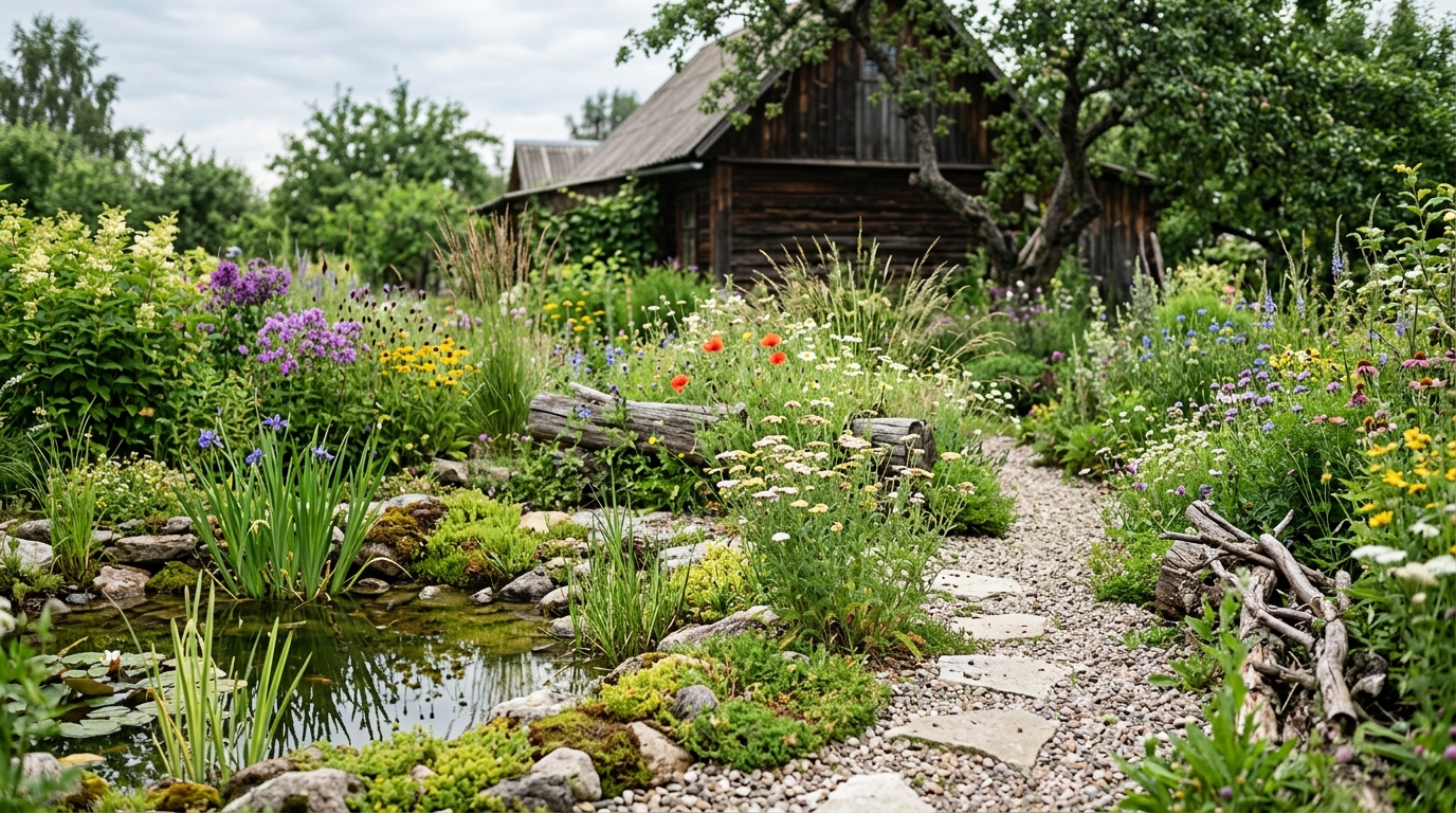 Экостиль натургарден: луговые злаки, природные многолетники, естественный пруд