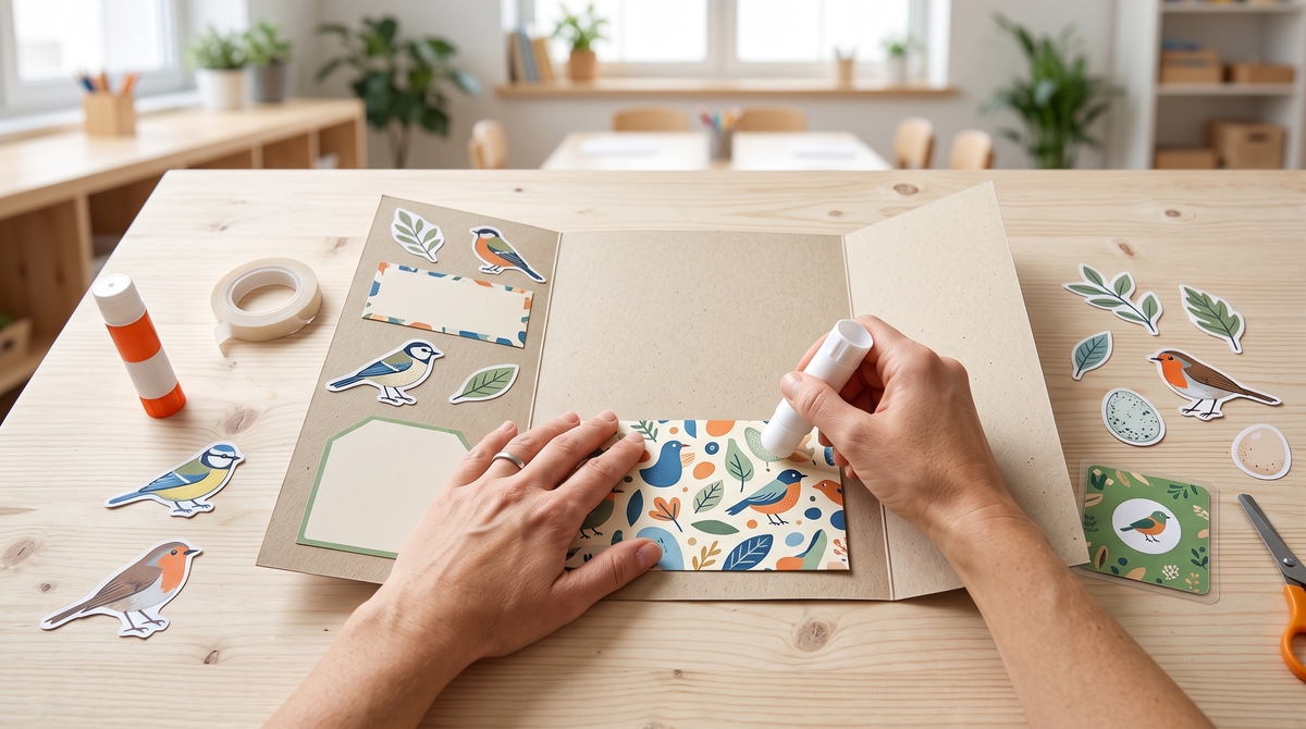 Руки приклеивают бумажный кармашек внутри картонного лэпбука