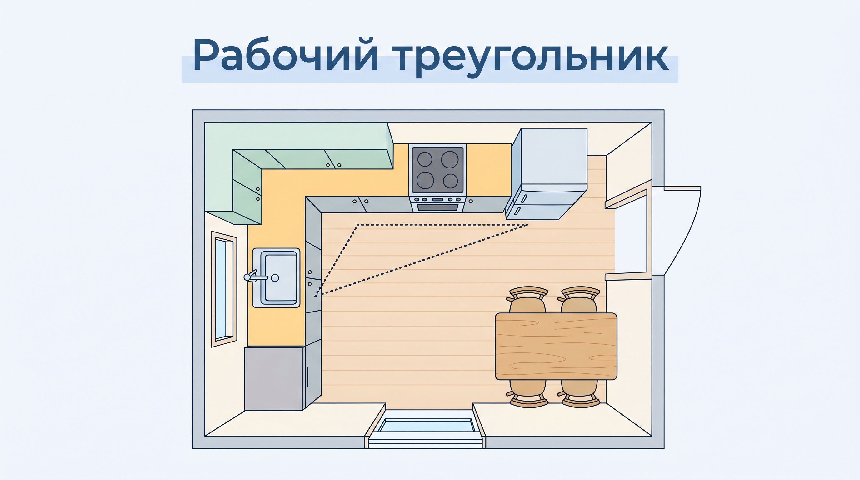 Схема рабочего треугольника на летней кухне: мойка, плита, холодильник
