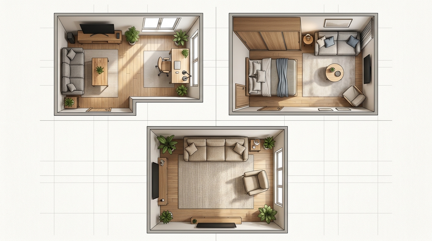 Три варианта расстановки в гостиной 20 м² — зонирование, гостиная-спальня, минимализм