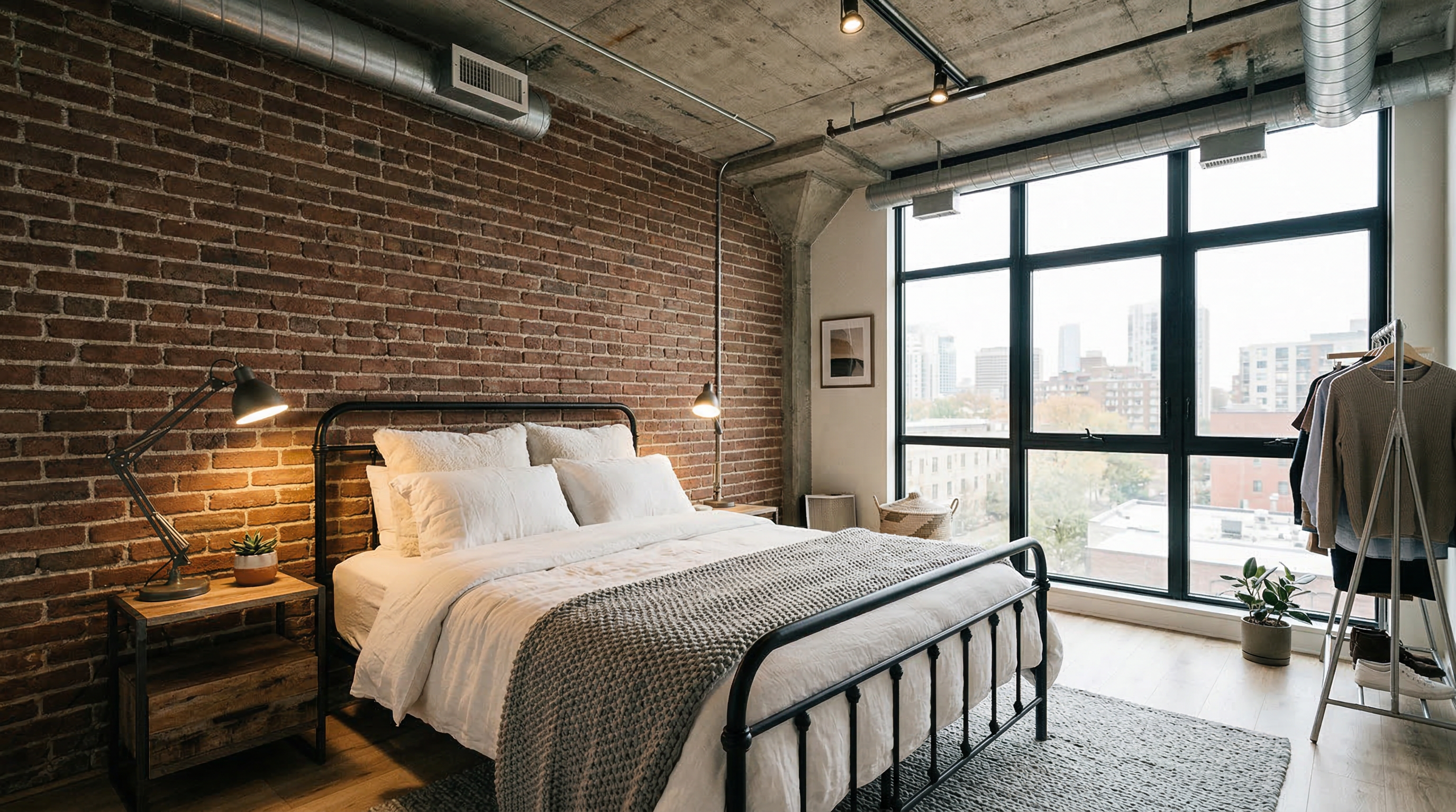 Уютная спальня в стиле лофт — кирпичная стена за кроватью, металлический каркас кровати, индустриальная лампа