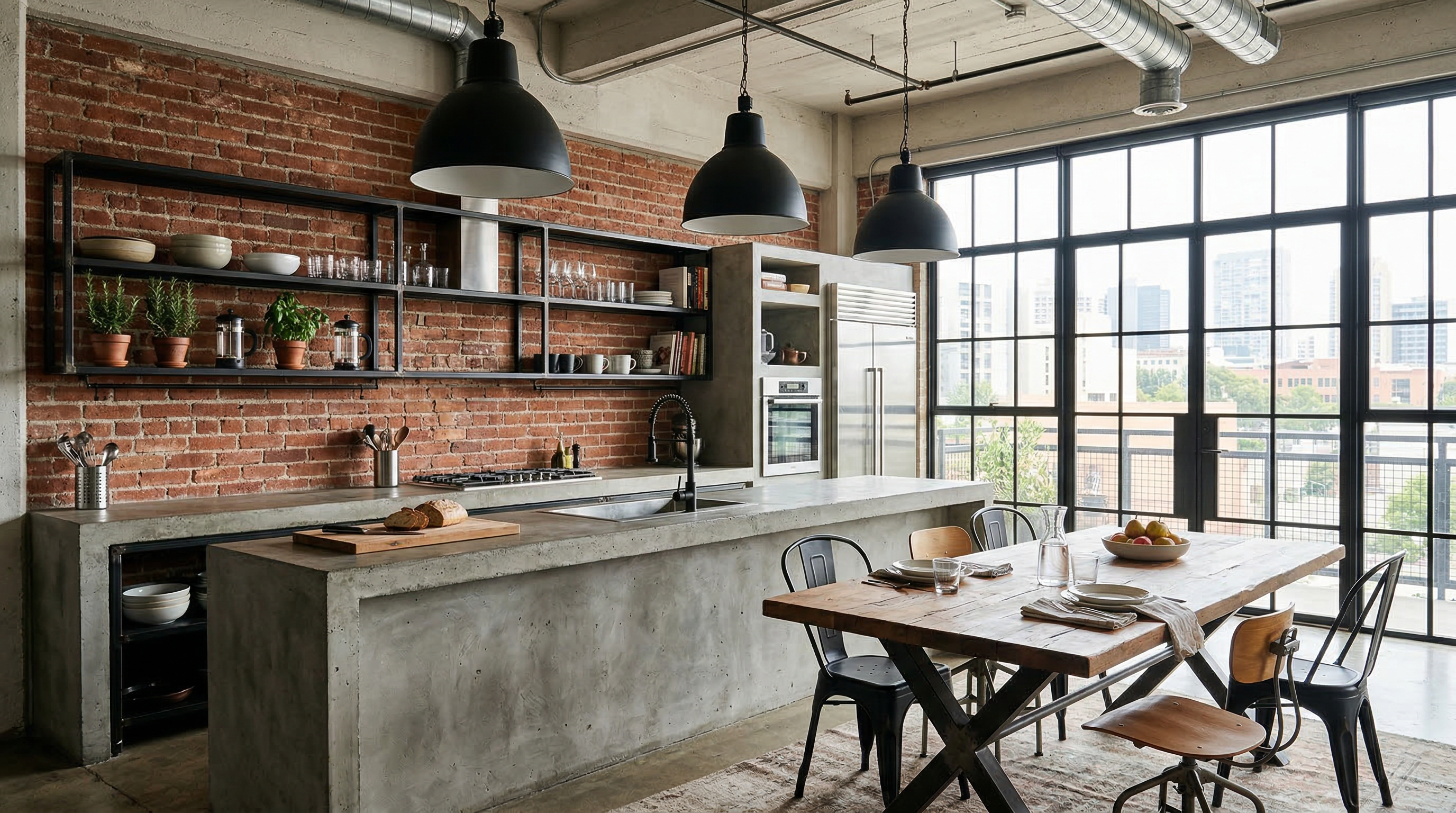 Кухня в стиле лофт — кирпичный фартук, бетонный остров, металлические полки, подвесные светильники