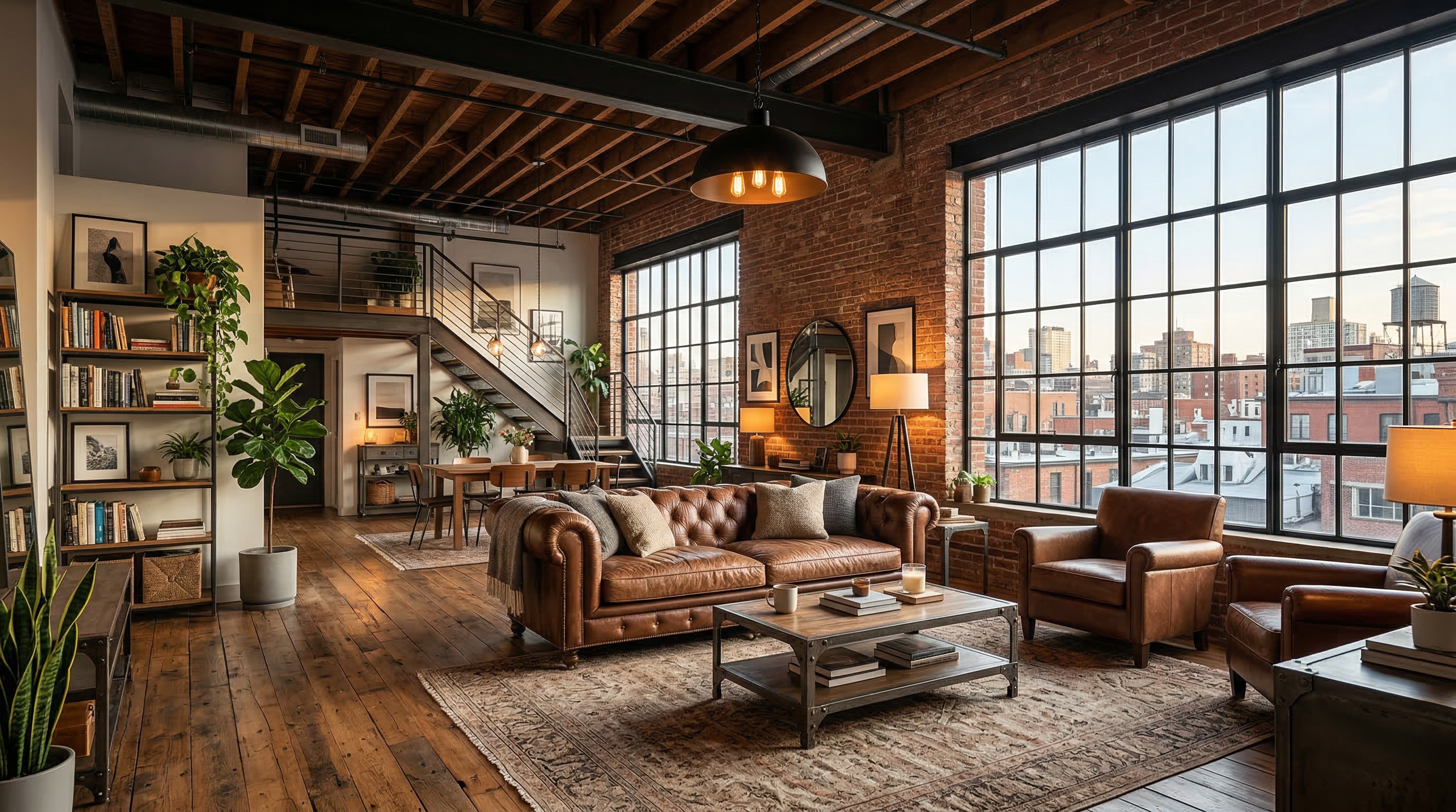 Просторная гостиная в стиле лофт — высокие потолки, кирпичная стена, кожаный диван, металлическая лестница