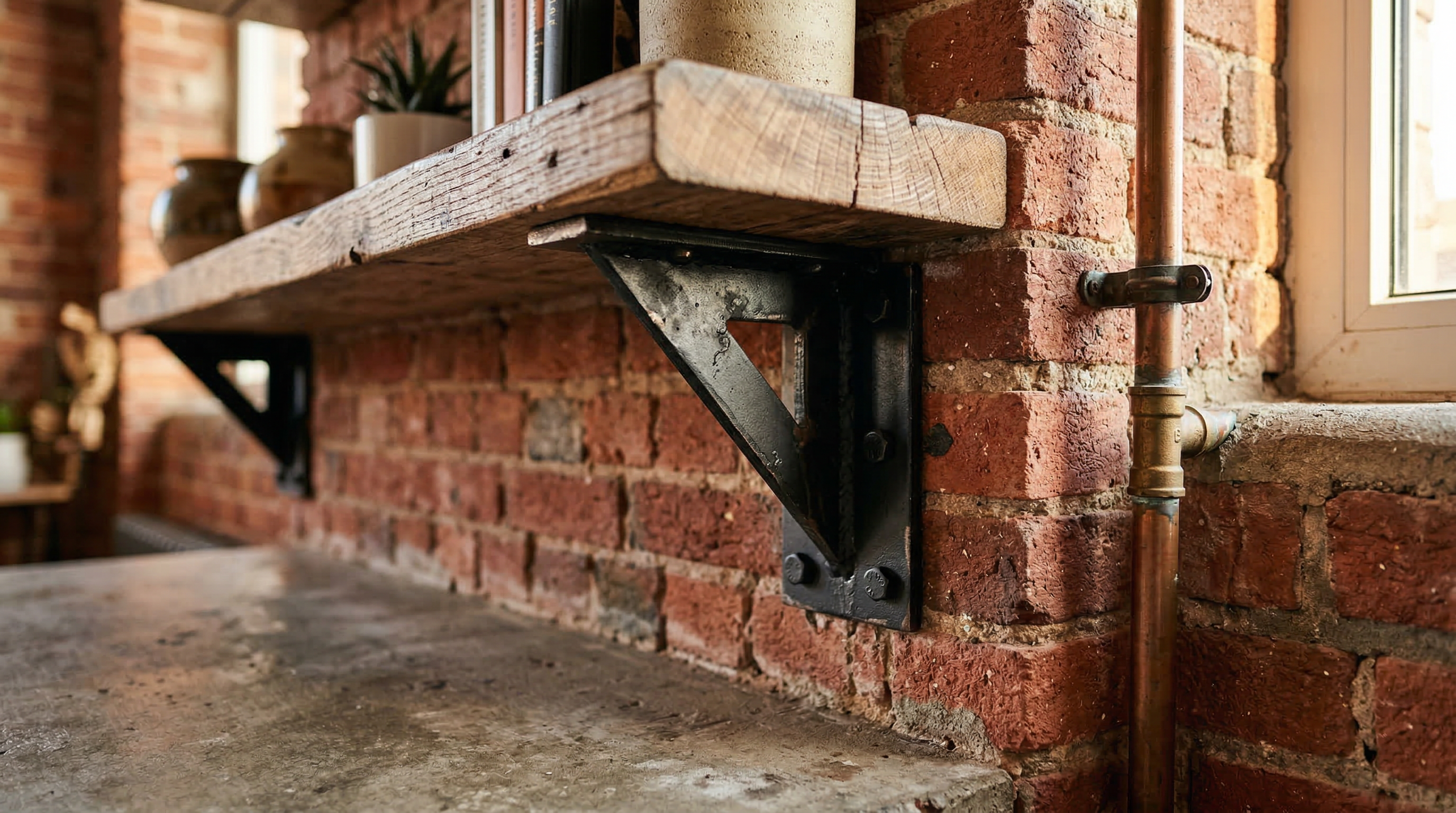 Детали лофт-интерьера крупным планом: кирпич, металлический кронштейн, дерево, медная труба