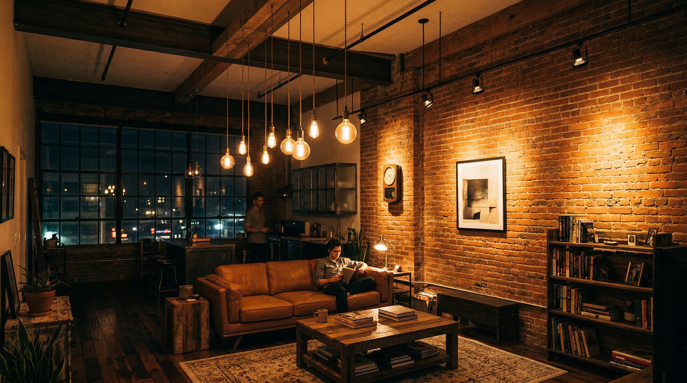 Лофт-интерьер с драматичным освещением — Edison-лампы, трековые споты, тёплый свет на кирпичной стене