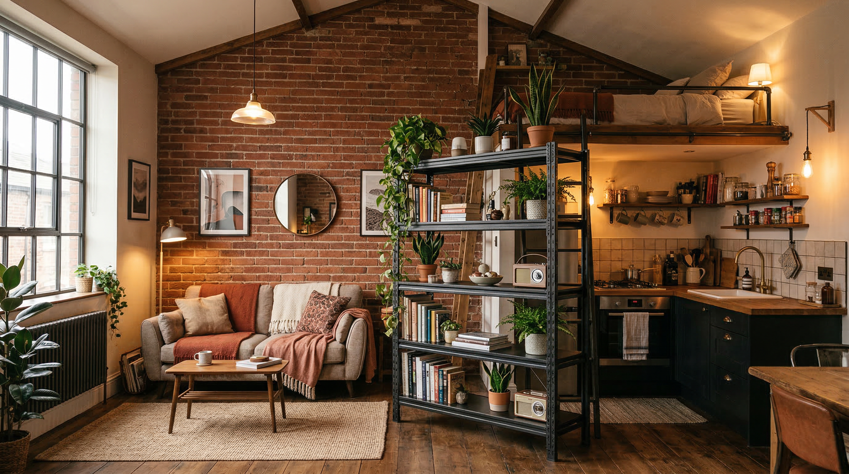 Компактная квартира-студия в стиле лофт — стеллаж-разделитель, кирпичная стена, спальное место наверху