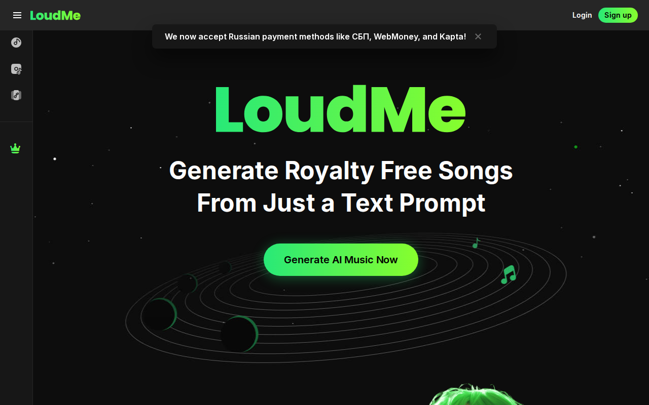 Скриншот главной страницы LoudMe — генератор музыки с оплатой из России