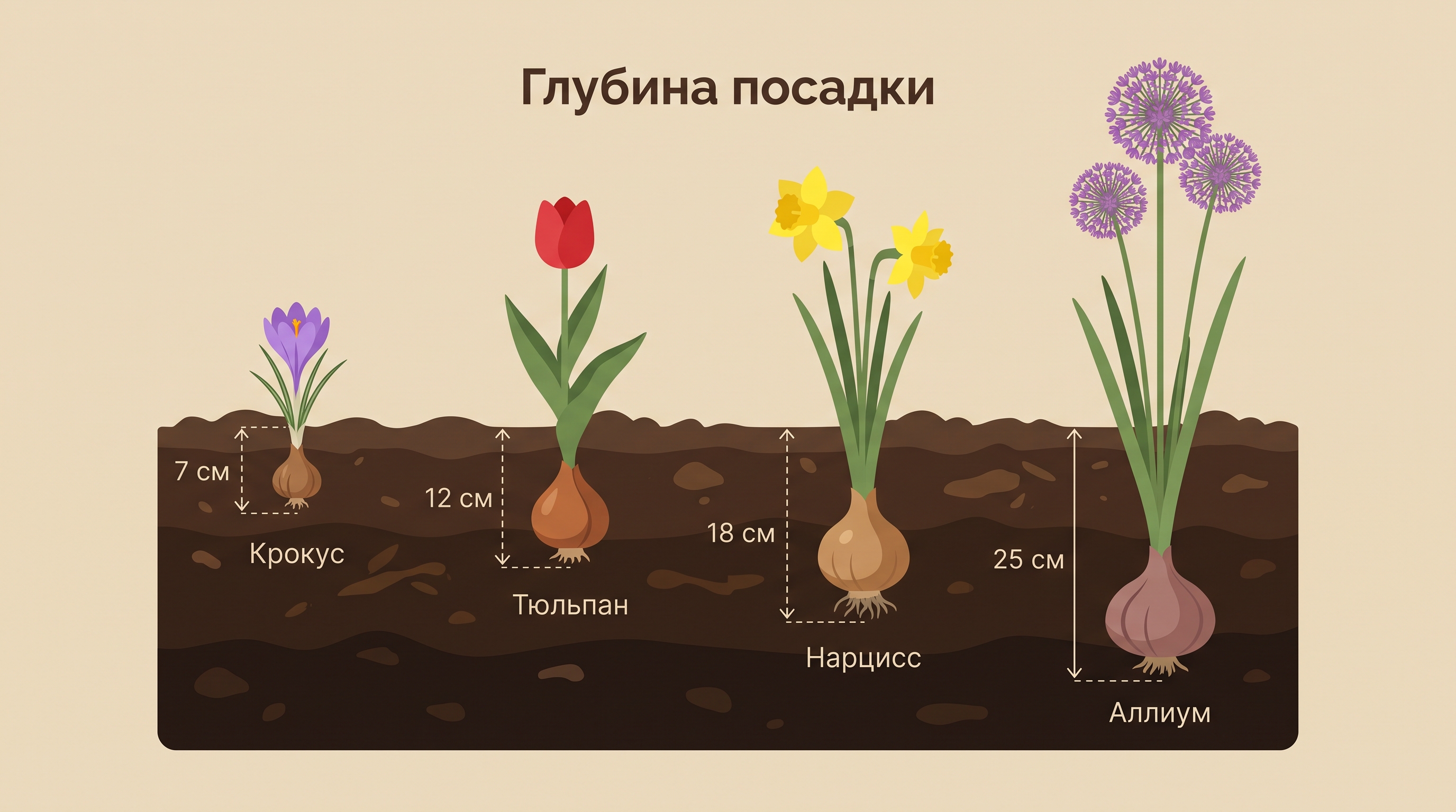 Схема глубины посадки луковичных: глубина равна трём высотам луковицы