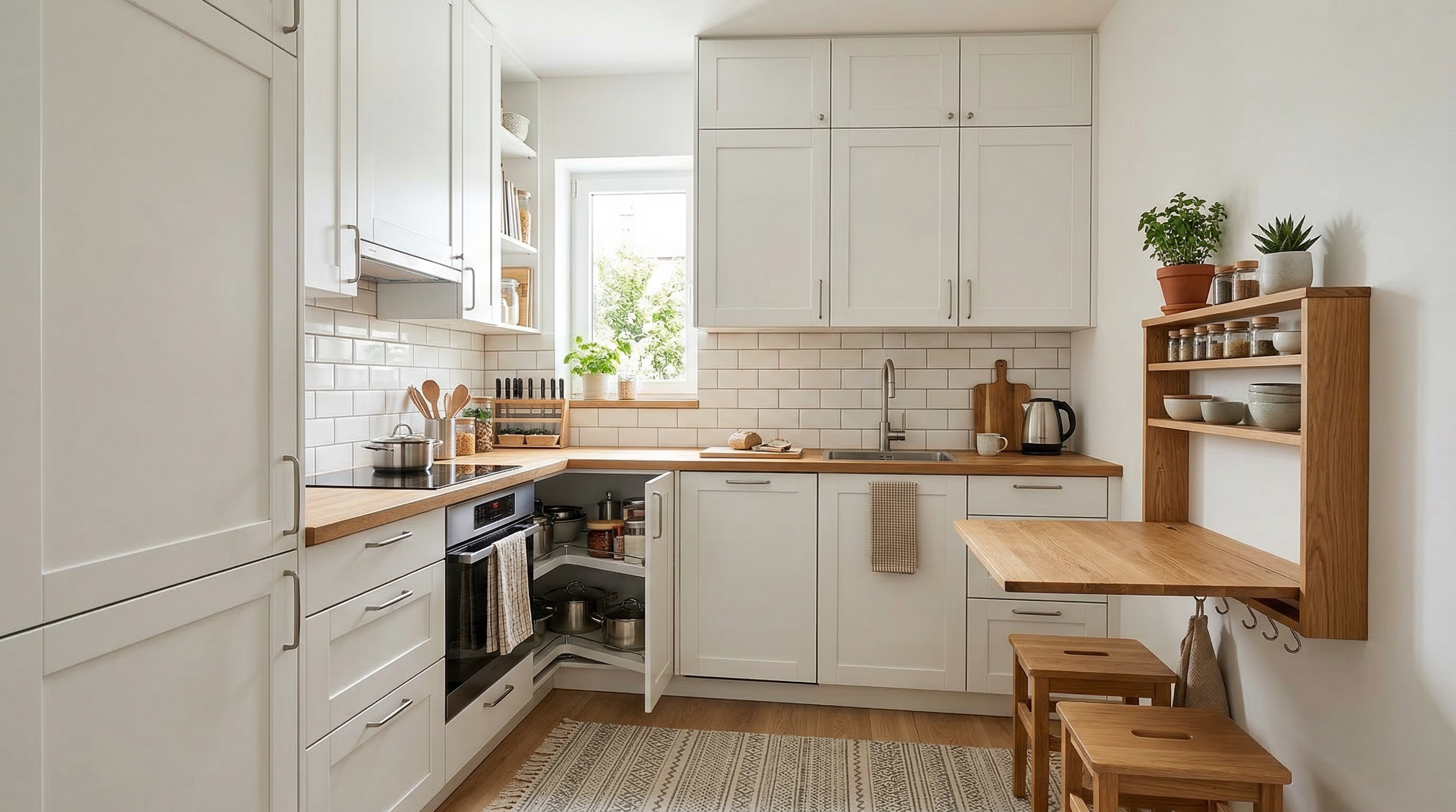 Маленькая кухня — белые шкафы до потолка, откидной столик, компактная техника