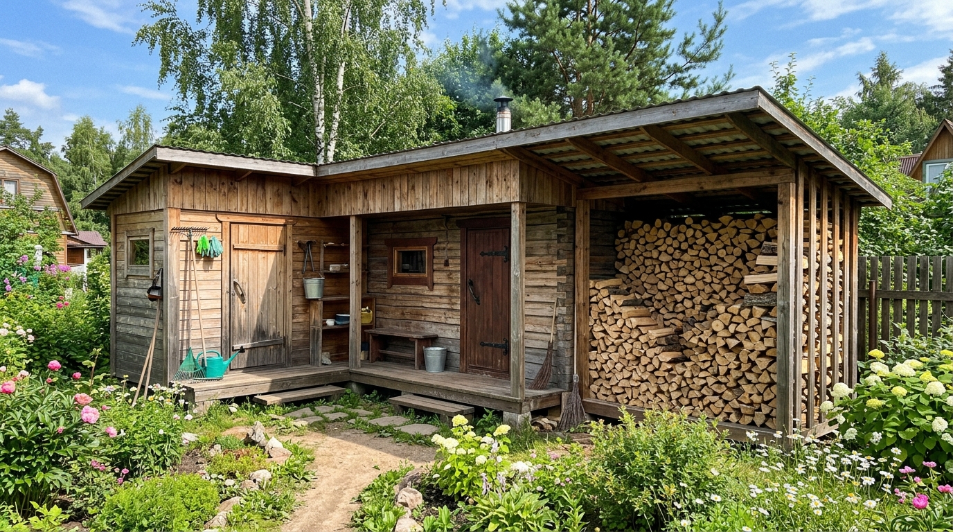 Баня совмещённая с хозблоком и дровником под одной крышей