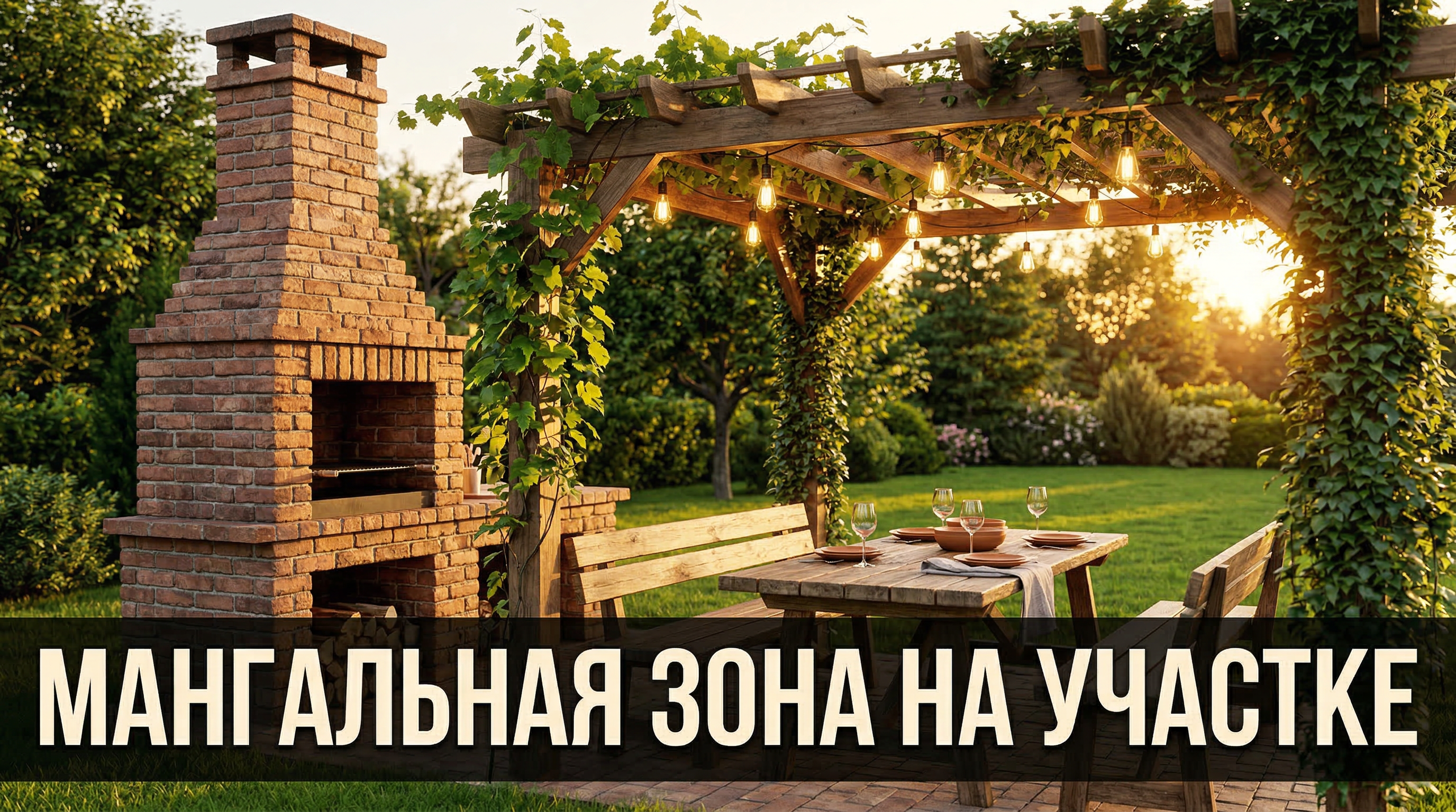 Мангальная зона на участке частного дома с кирпичным мангалом и деревянной перголой
