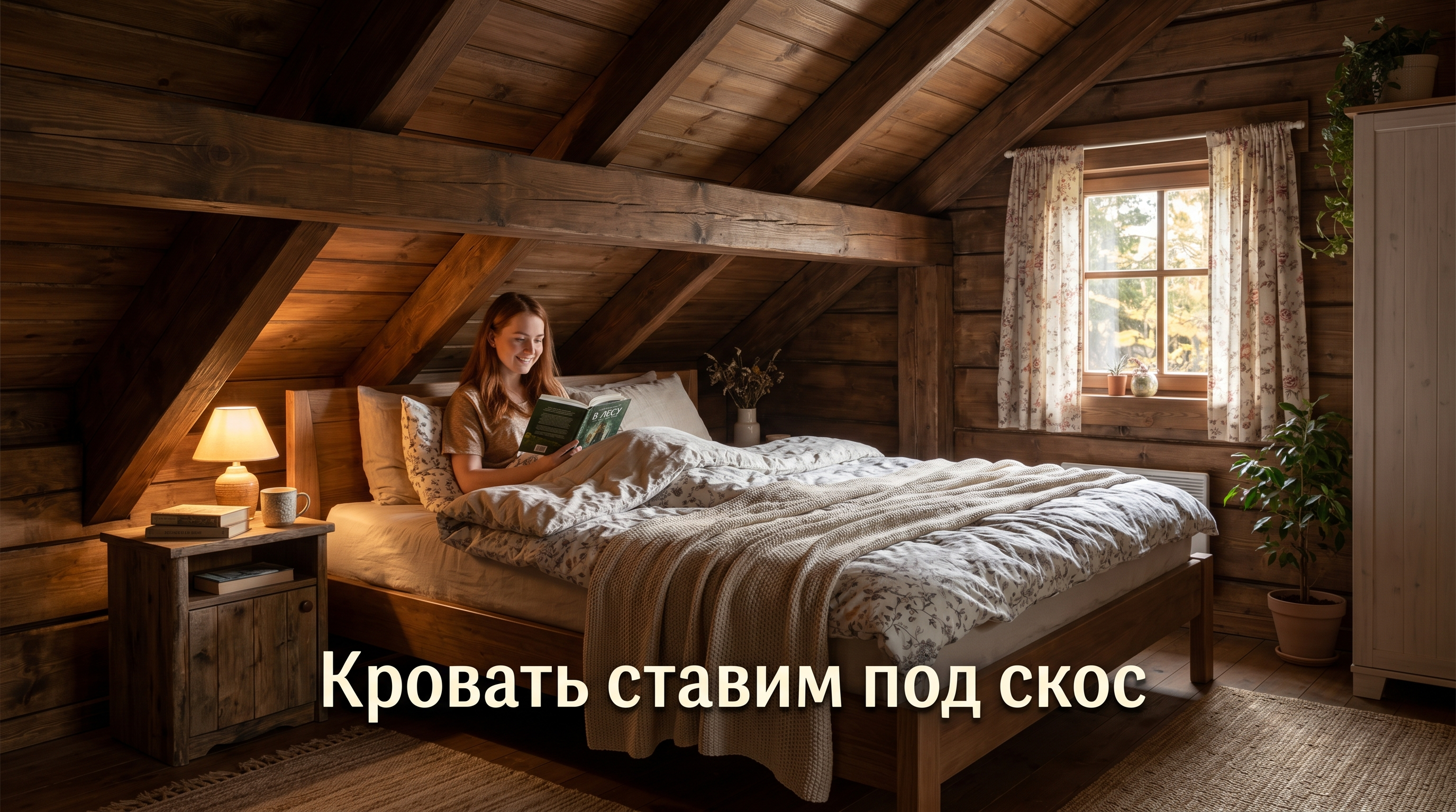 Кровать изголовьем к скошенной стене в мансардной спальне
