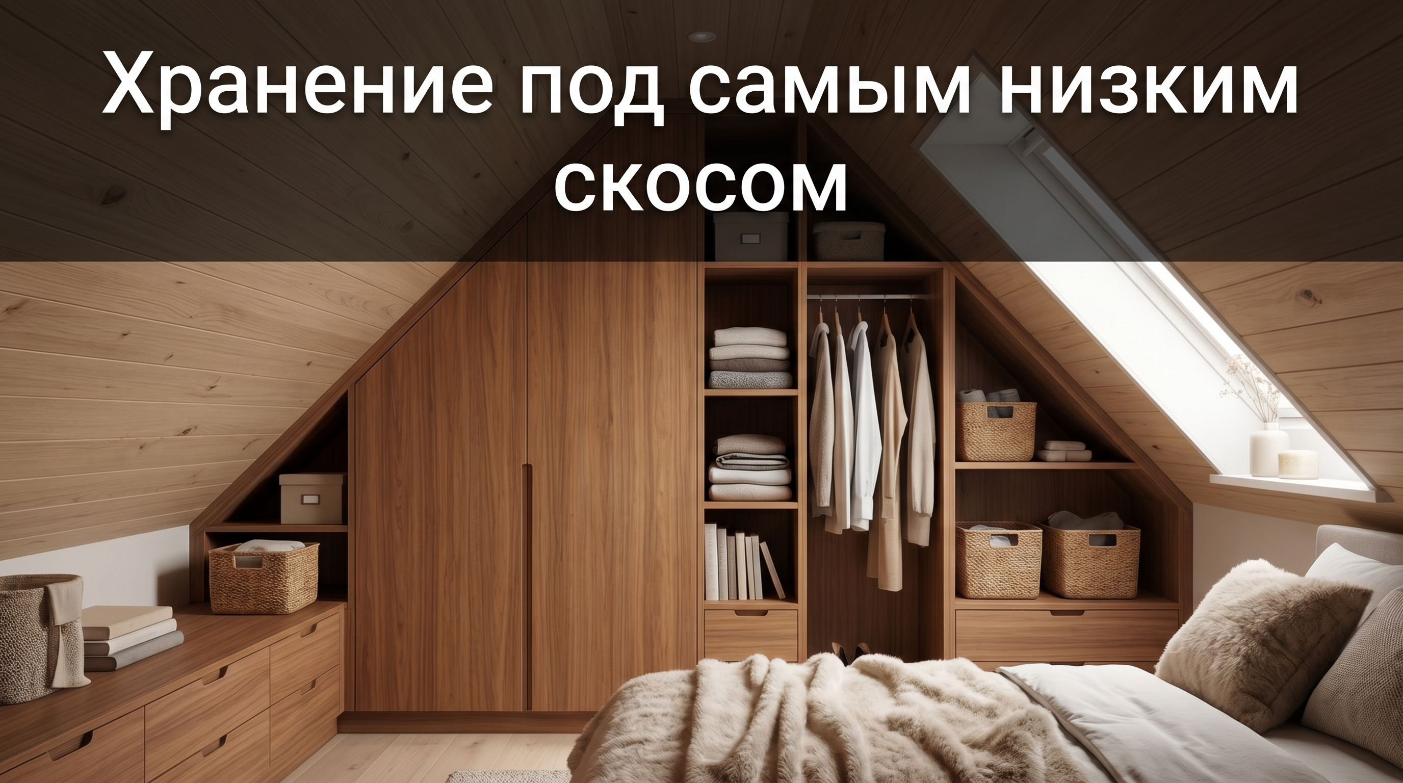 Встроенное хранение под скосом мансарды: низкие ящики и шкаф по форме крыши