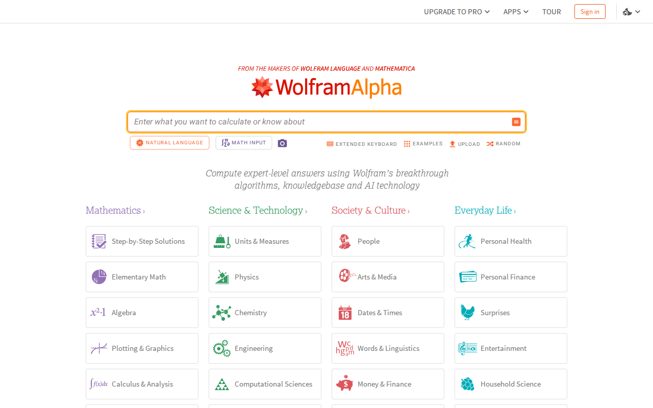 Главная страница Wolfram Alpha — вычислительный движок