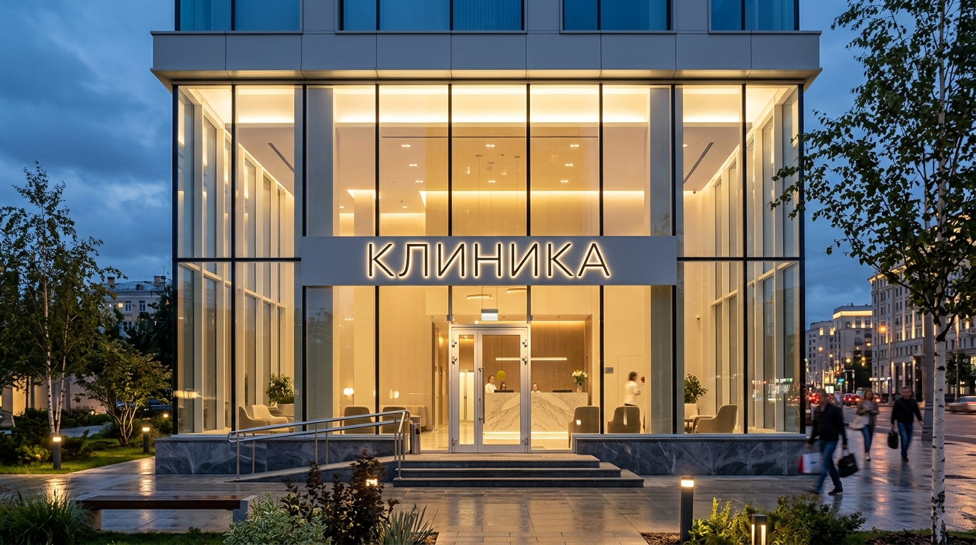 Премиальный стеклянный фасад клиники с подсветкой вечером