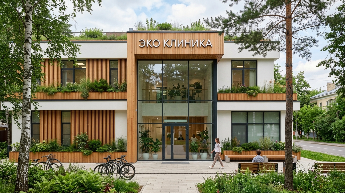 Эко-фасад клиники с деревянными ламелями и зелёными растениями