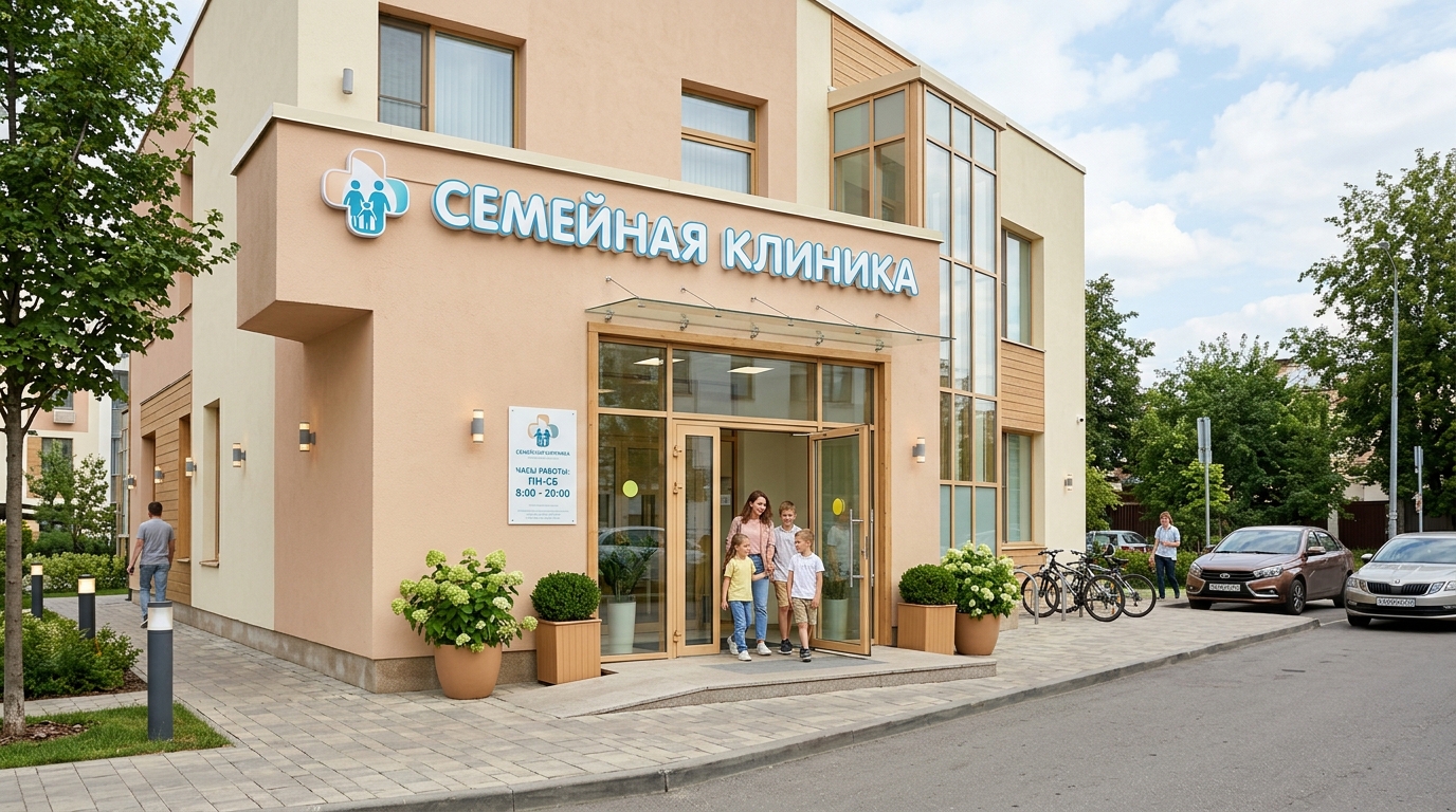 Дружелюбный фасад семейной клиники в пастельных тонах с семьёй у входа