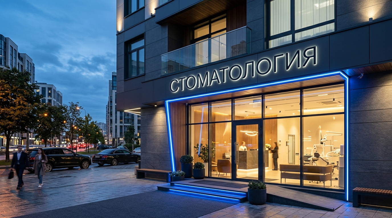 Современная стоматологическая клиника с тёмным фасадом и синей LED-подсветкой