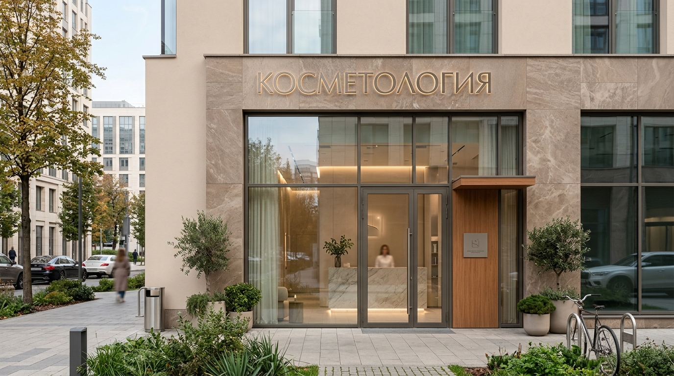 Элегантный фасад клиники косметологии с натуральным камнем и стеклом