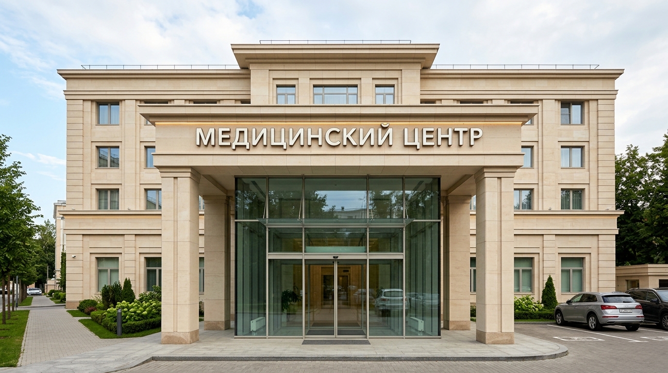 Многопрофильный медицинский центр с классической архитектурой и большим стеклянным вестибюлем