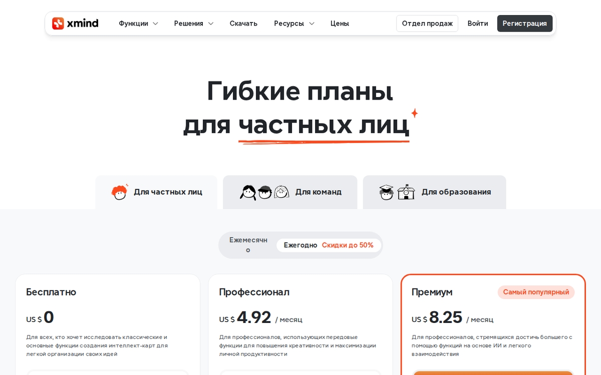 Скриншот страницы тарифов Xmind на русском языке