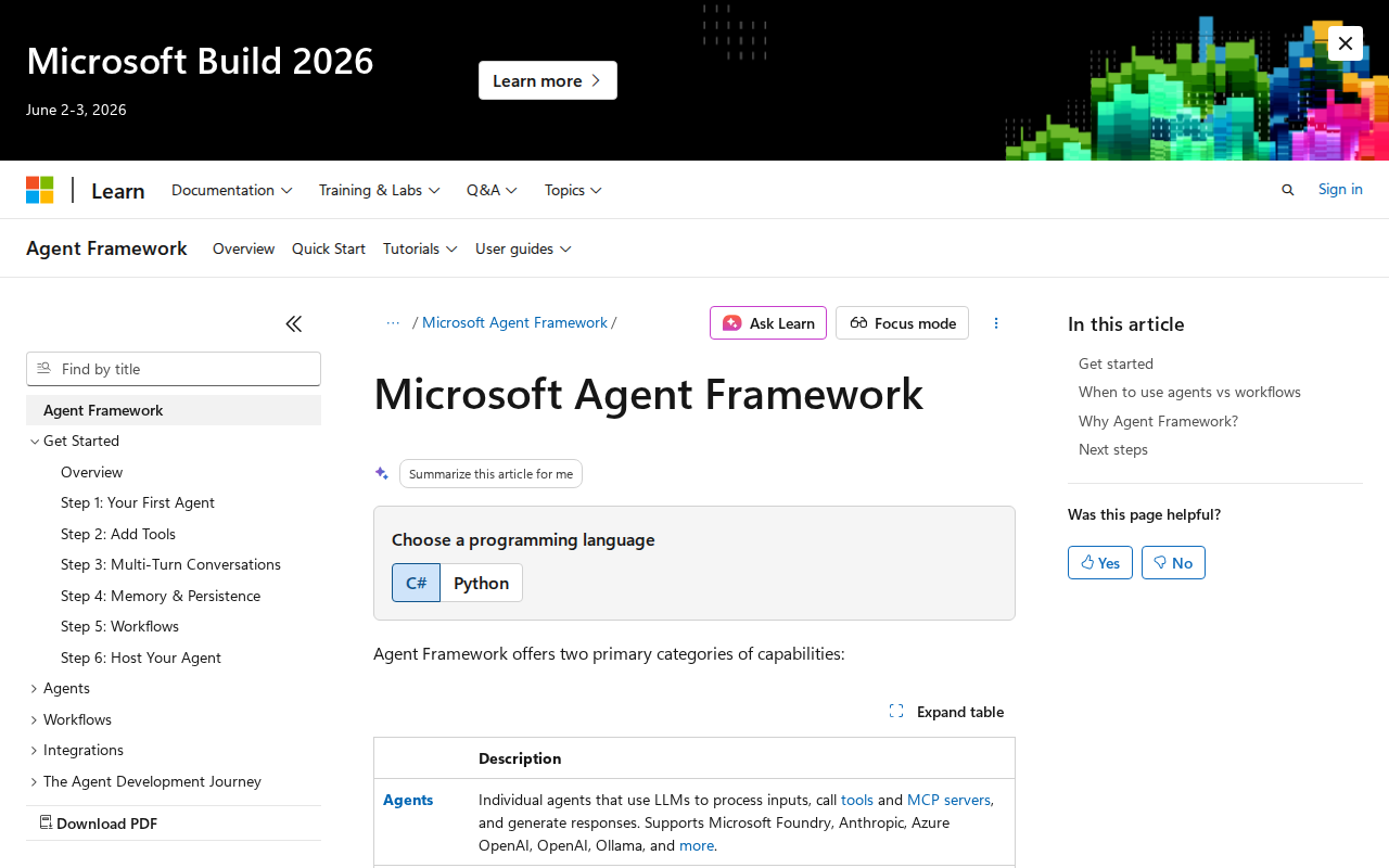 Скриншот документации Microsoft Agent Framework — open-source фреймворк для ИИ-агентов
