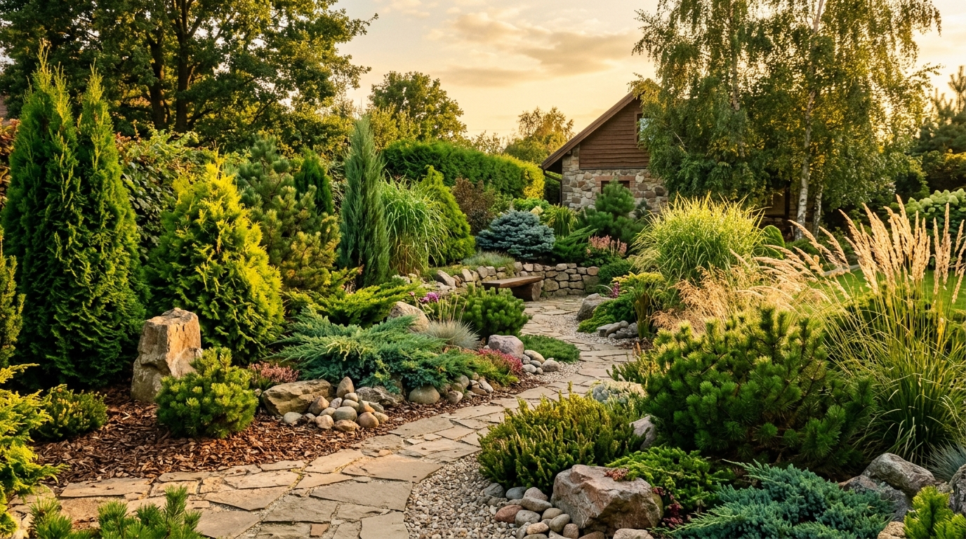 Хвойный миксбордер с туями, можжевельниками и декоративными камнями