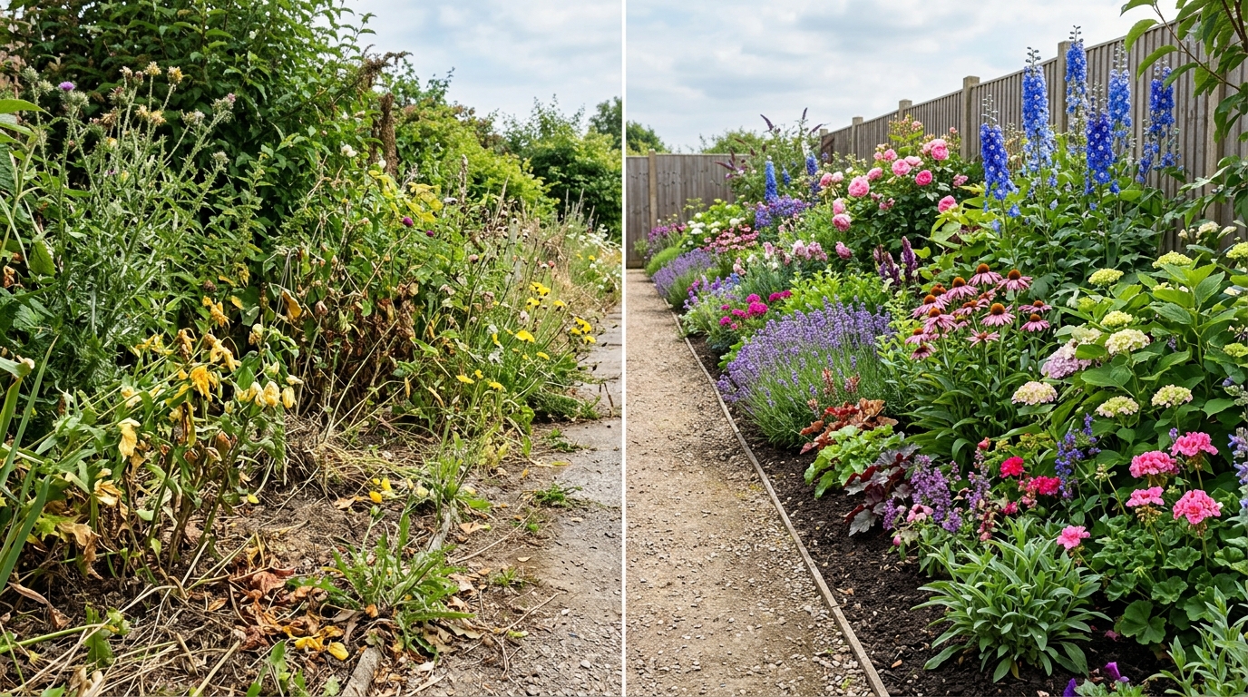 Сравнение запущенного и ухоженного миксбордера