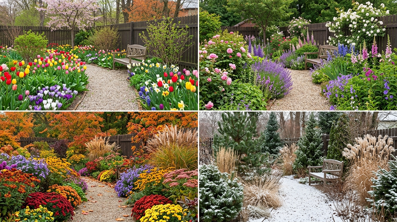 Миксбордер в четыре сезона — весна, лето, осень, зима