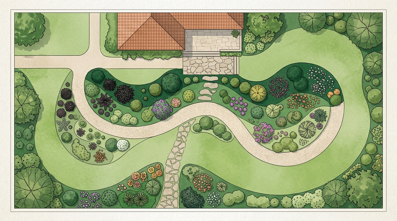 Схема планировки миксбордера — вид сверху с зонами посадки