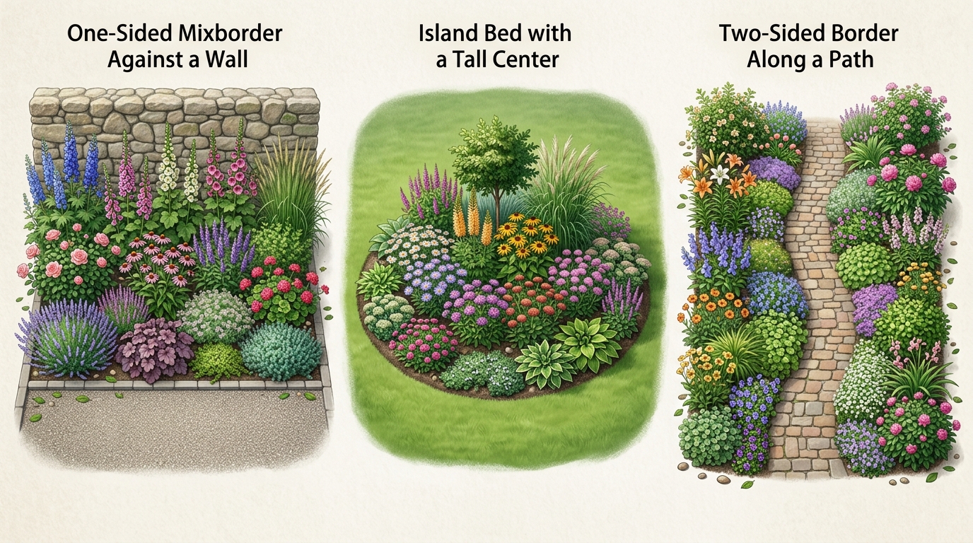 Пример многоярусного миксбордера вдоль садовой дорожки