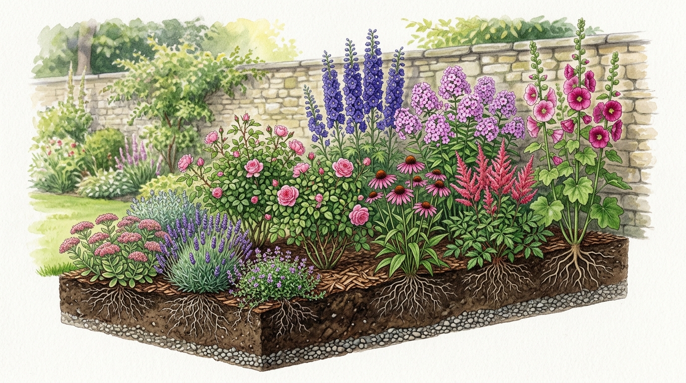 Ярусная структура миксбордера — разрез с тремя уровнями растений