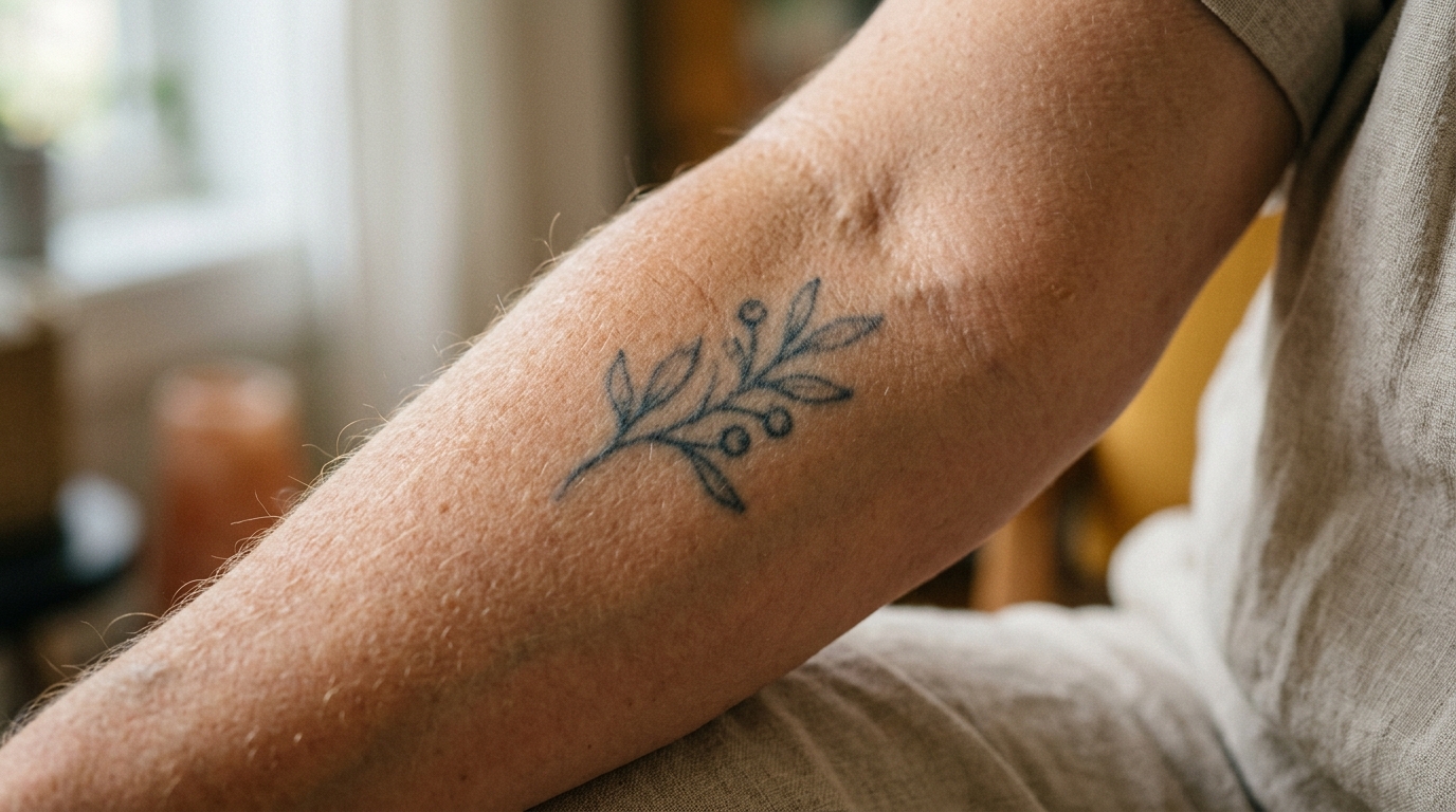 Пример слегка поблёкшей fine-line тату через несколько лет